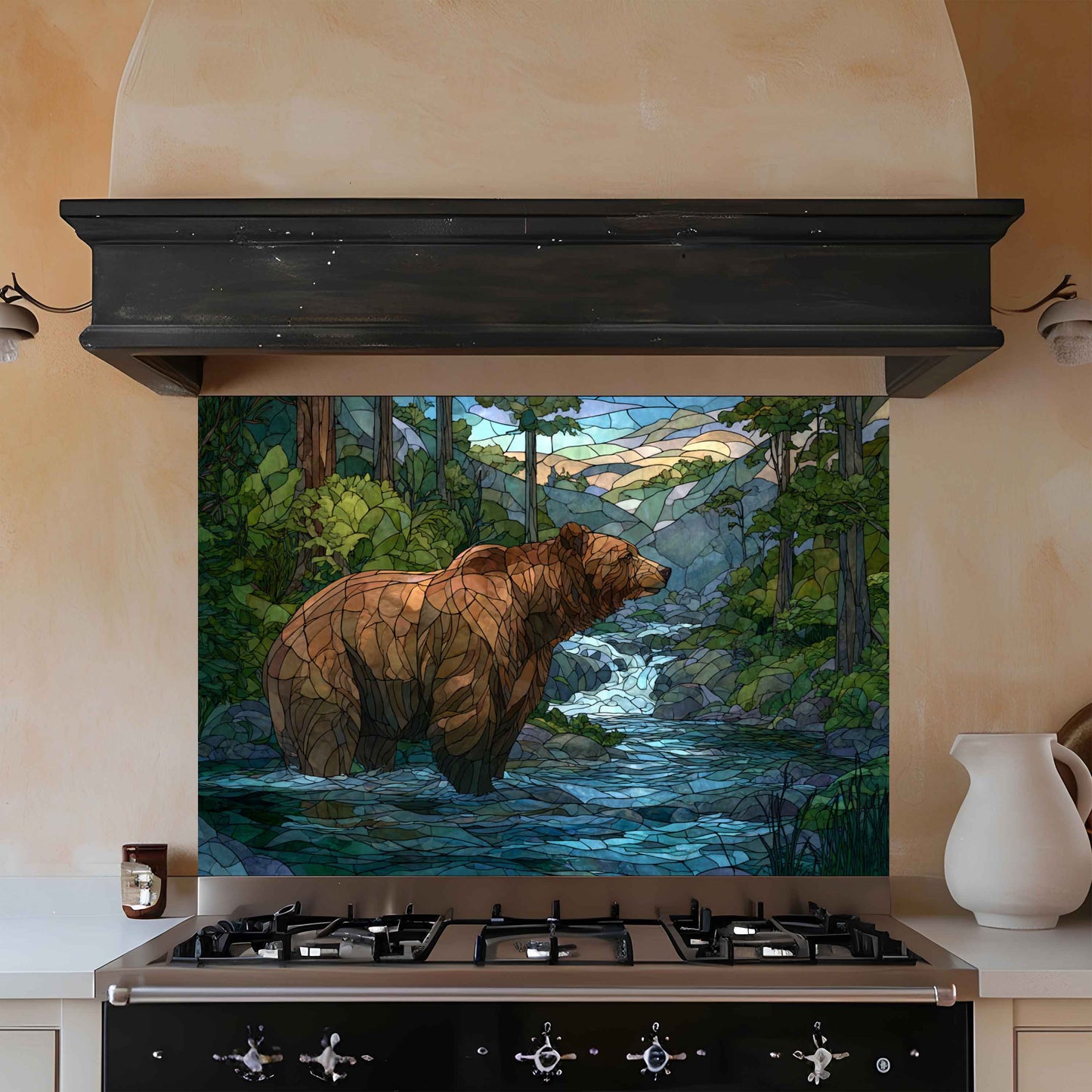 Forest Stream with Bear – Tempered Glass Backsplash For Lodge Kitchens