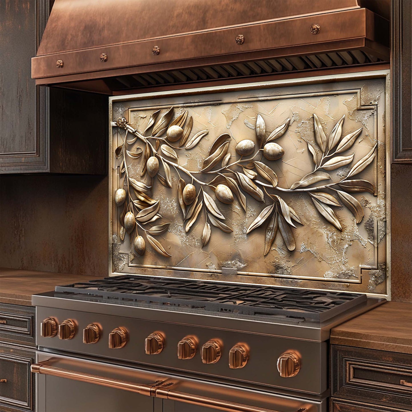 Olive Grace – Tempered Glass Backsplash for Kitchen | Textured Olive Branch Backsplash
