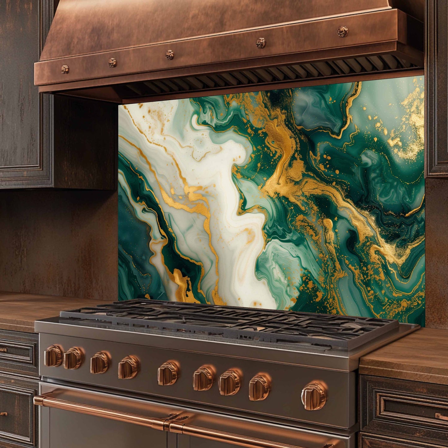 Glass Kitchen Backsplash – Green Gold Cream Fluid Marble Panel