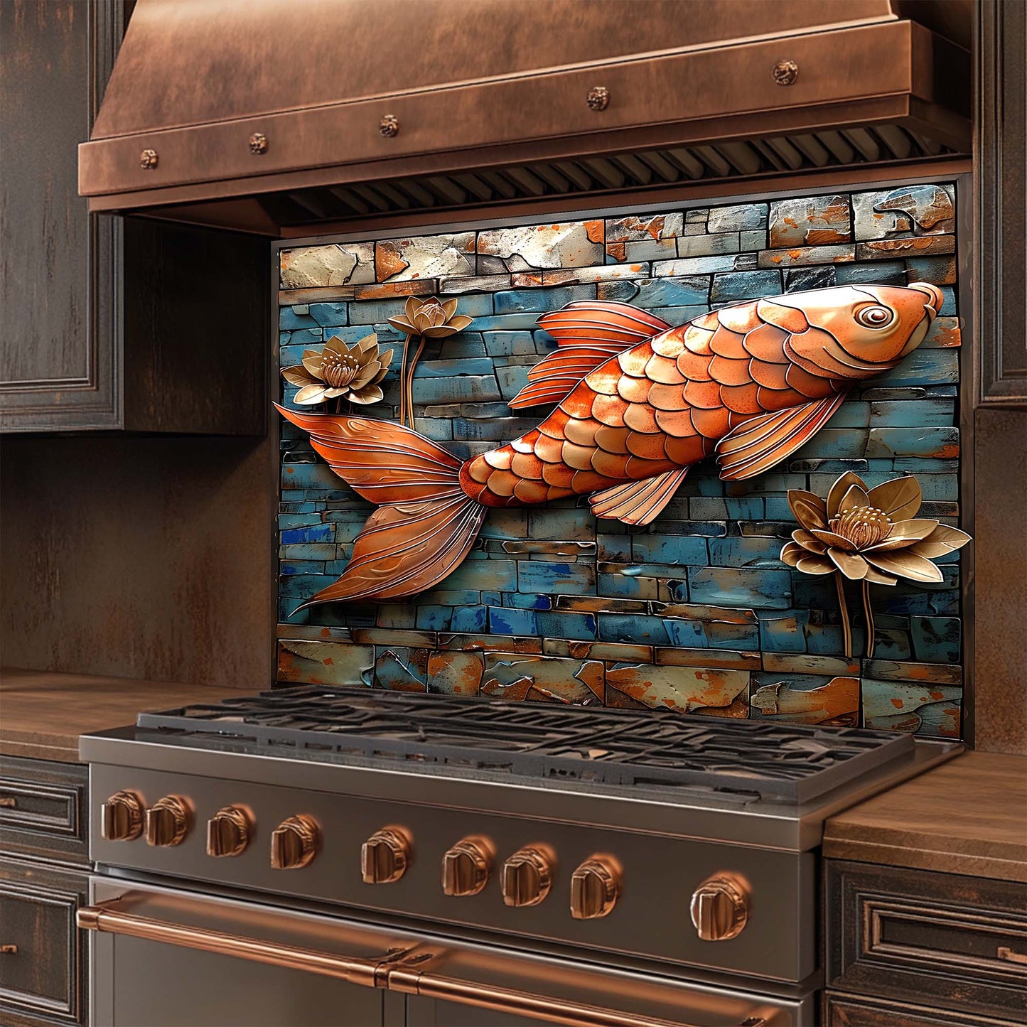 Copper Koi – Tempered Glass Backsplash for Kitchen | Fish and Lotus Copper Look Backsplash