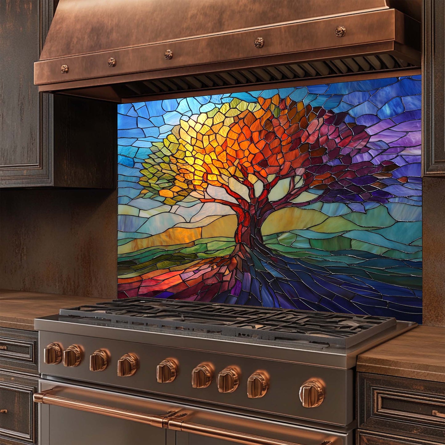 Stained Glass Look Tree of Seasons Backsplash – Tempered Glass Backsplash for Kitchen