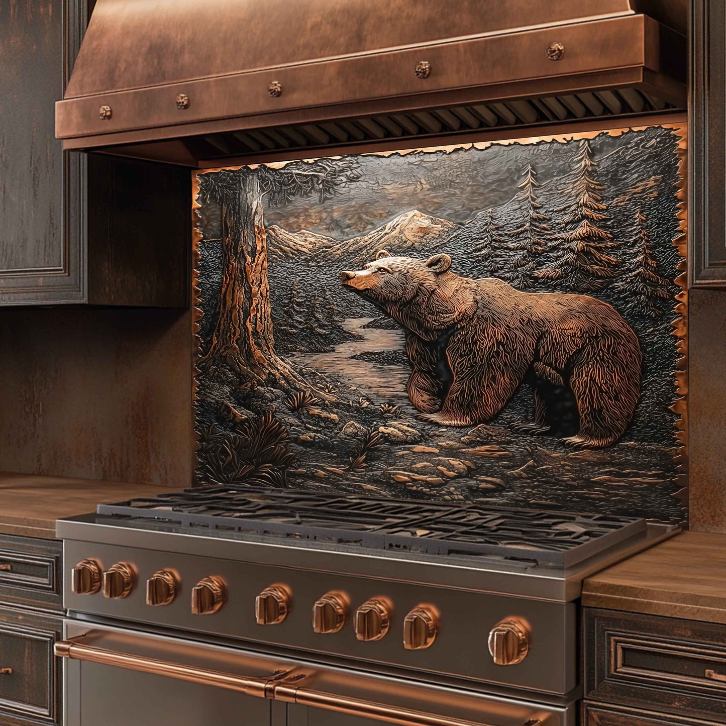 Forest Watch Tempered Glass Backsplash – Copper Bear & River Scene Splashback
