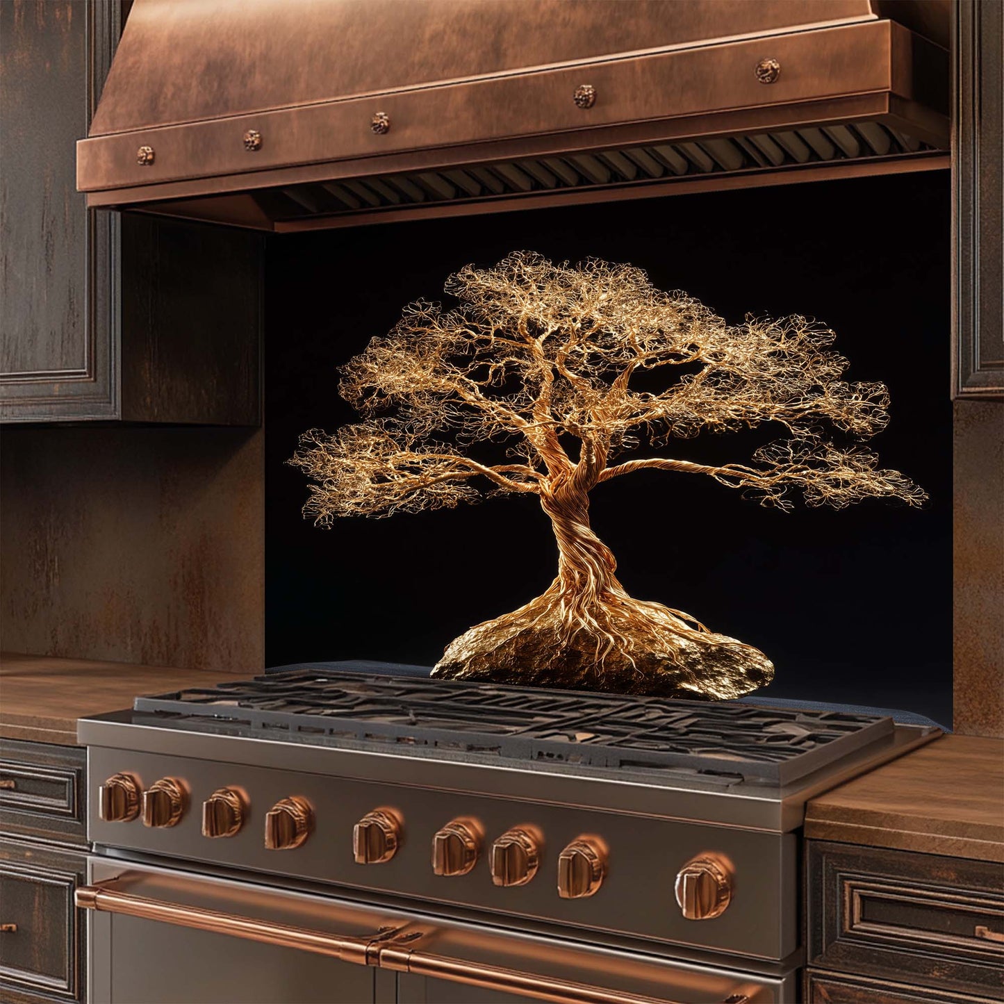 Golden Root – Tempered Glass Backsplash for Kitchen | Tree of Life in Gold Wire Style Backsplash