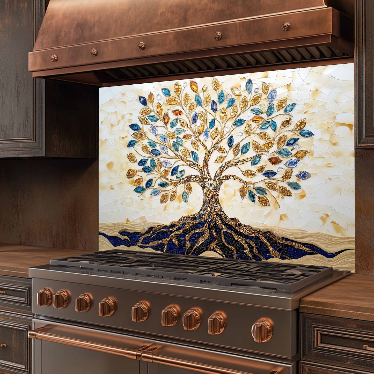 Custom Kitchen Backsplash – Golden Roots Tempered Glass Stove Backsplash
