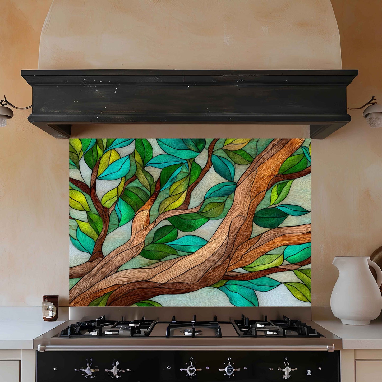 Forest Embrace – Tempered Glass Backsplash for Kitchen | Nature-Inspired Stained Glass
