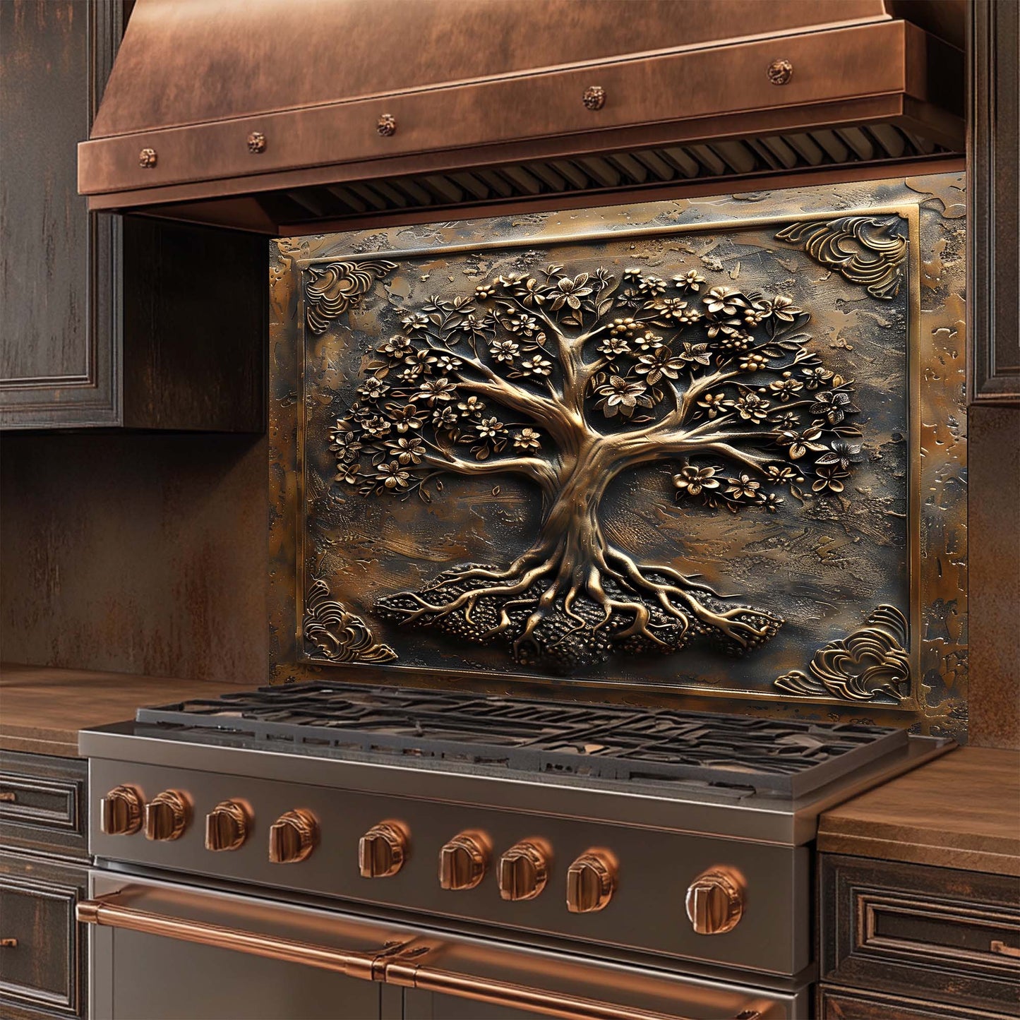 Floral Roots – Tempered Glass Backsplash for Kitchen Stove | Copper Look Tree of Life Backsplash