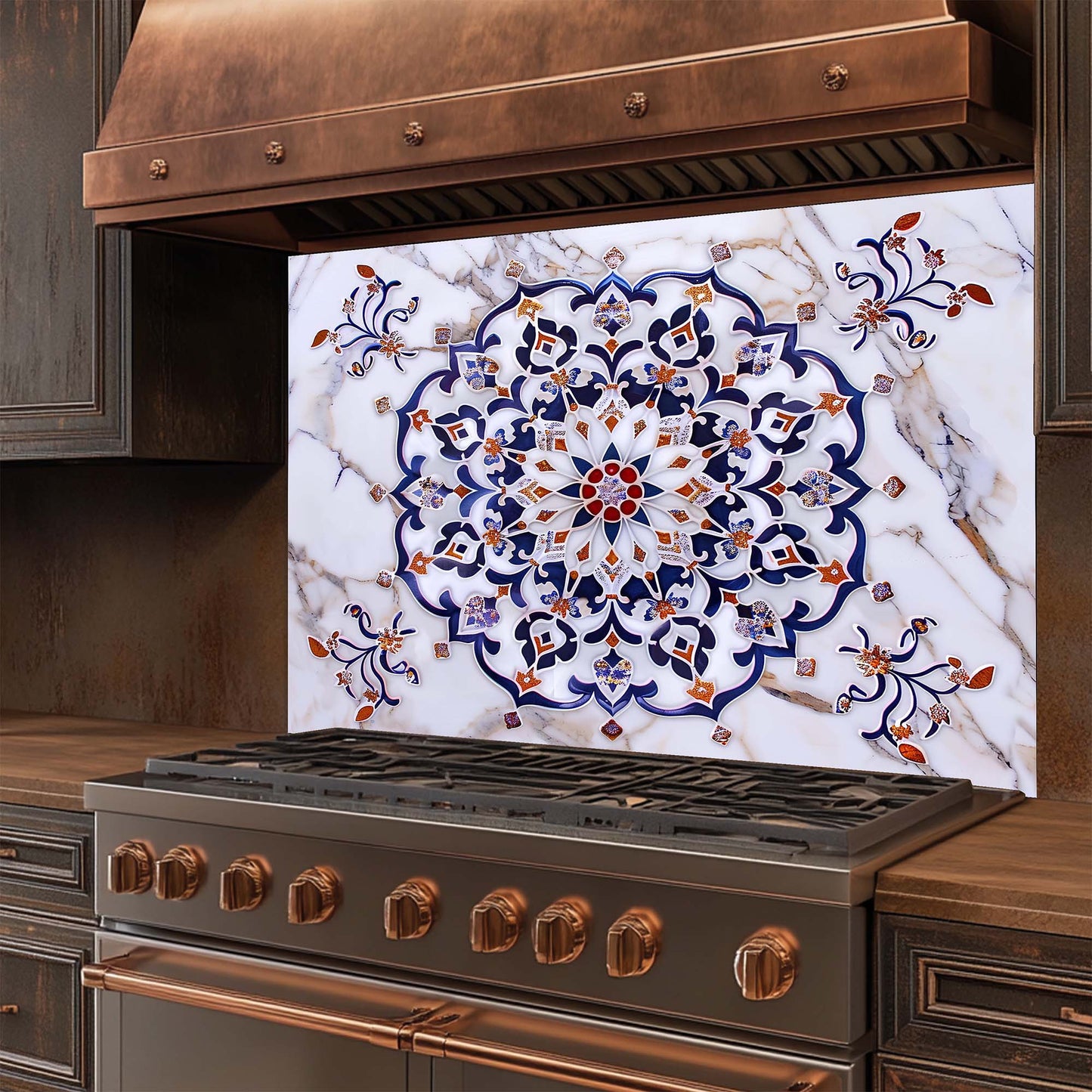 Imperial Mosaic – Tempered Glass Backsplash for Kitchen – Blue & Gold Mandala Splashback