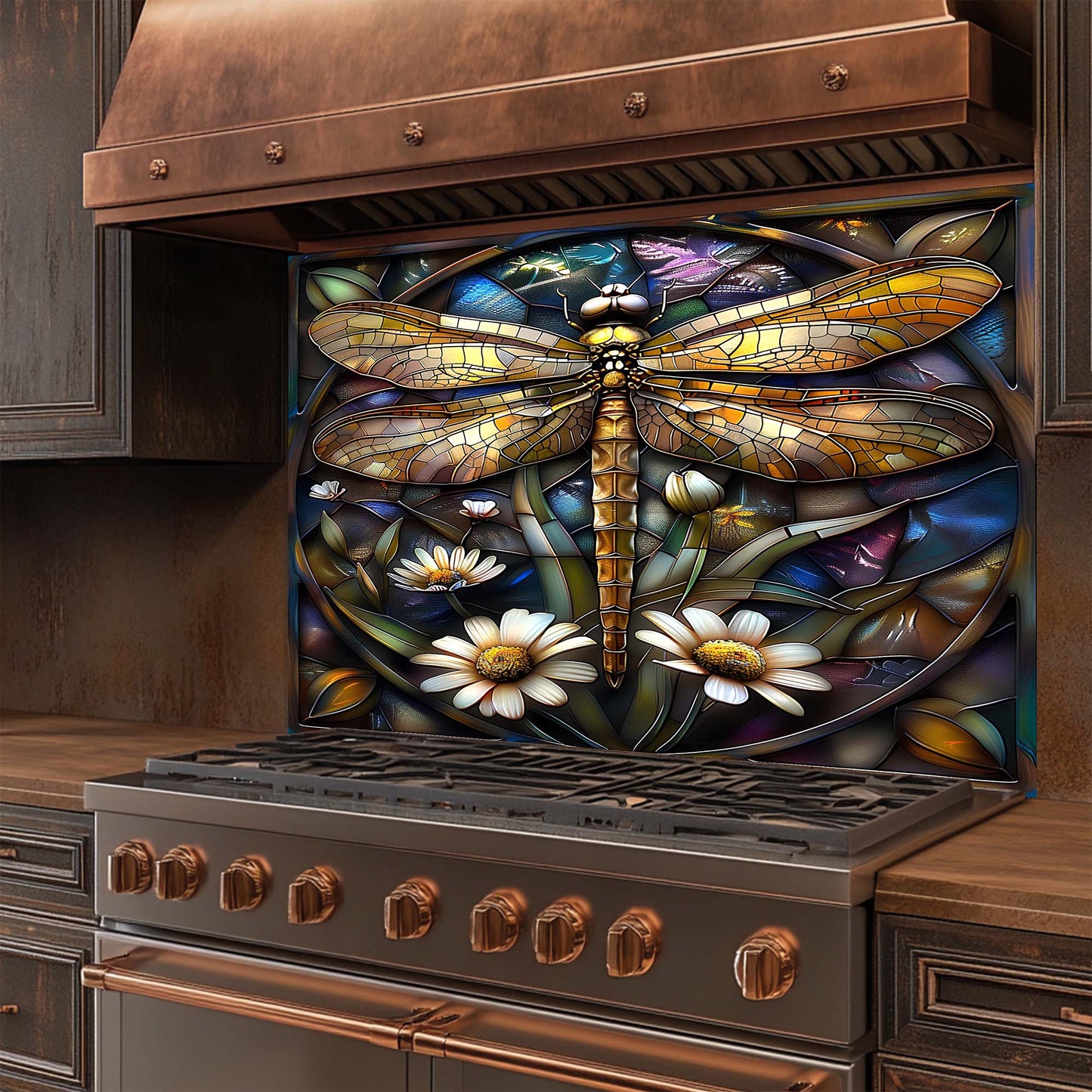 Golden Flight – Tempered Glass Backsplash for Kitchen Stove | Dragonfly Backsplash