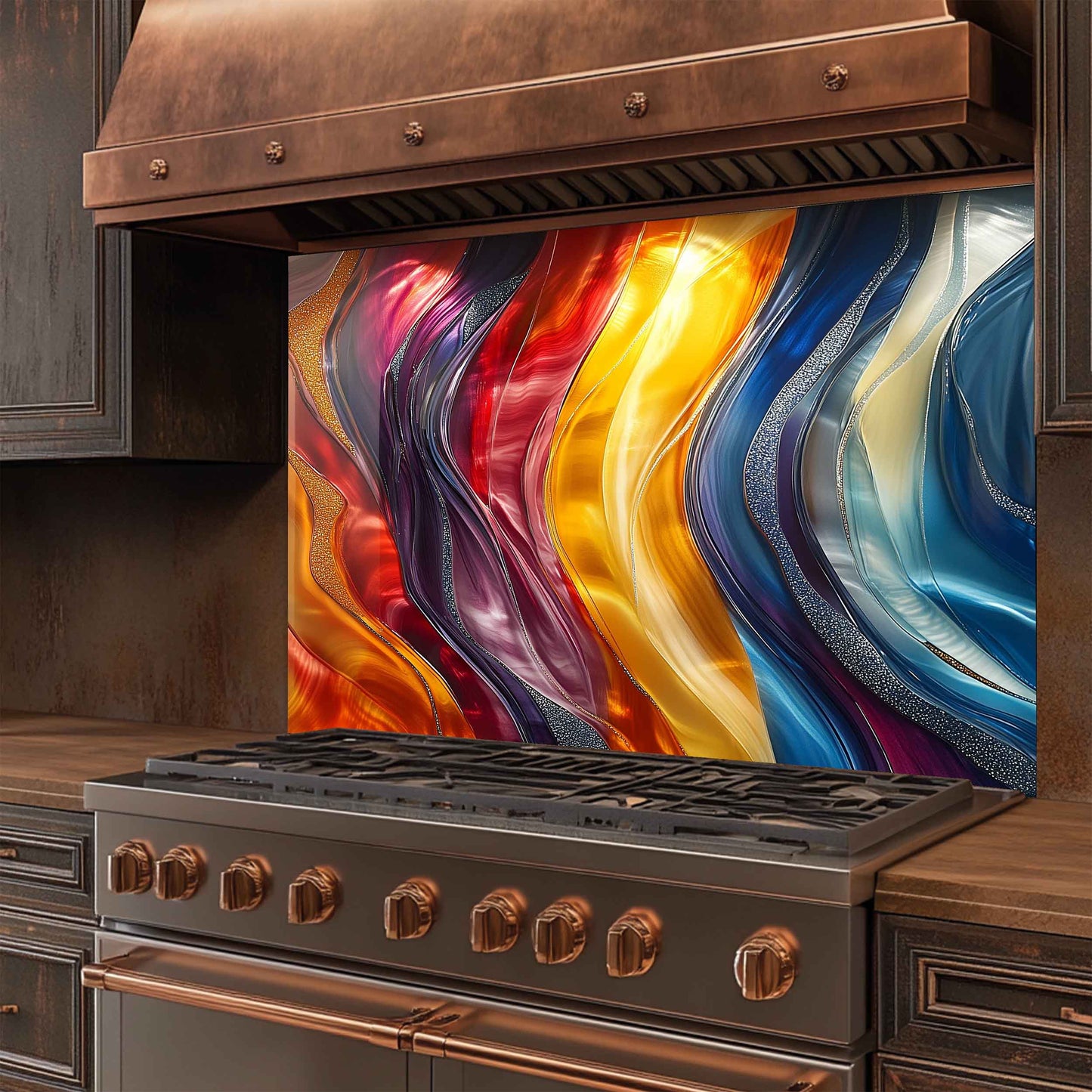 Aurora Waves Tempered Glass Backsplash – Modern Abstract Custom Kitchen Wall Panel