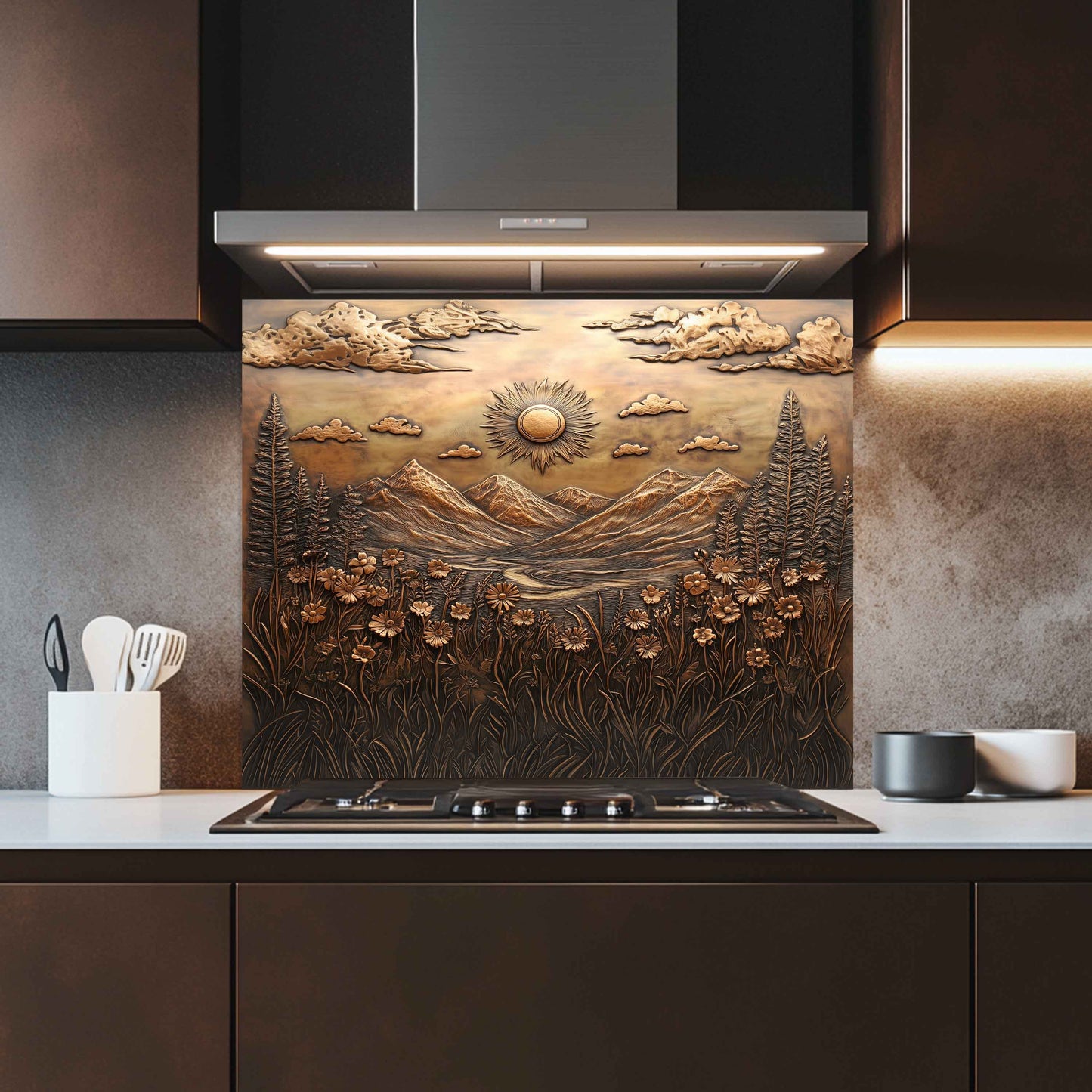 Sunlit Meadow Tempered Glass Backsplash – Floral Mountain Kitchen Backsplash Panel