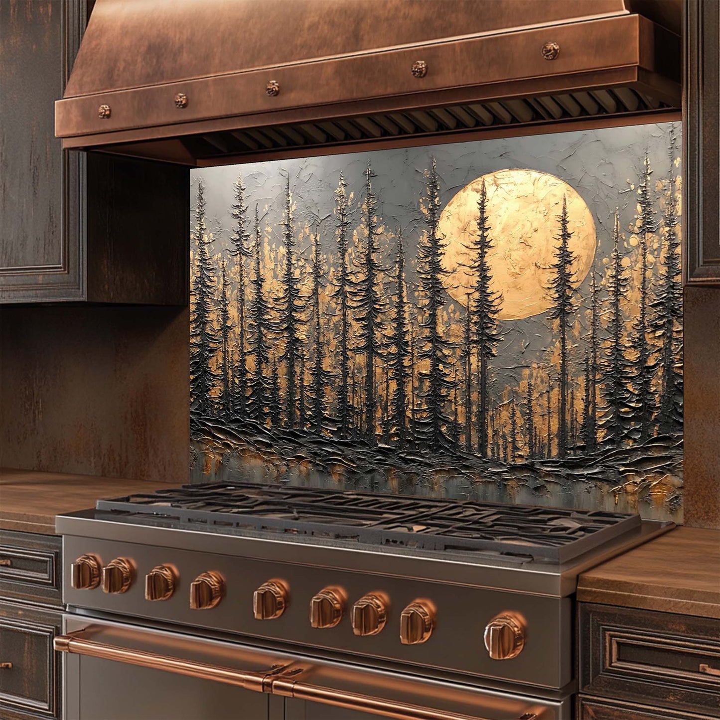 Golden Moonrise – Tempered Glass Backsplash for Stove | Dark Forest Silhouette Backsplash