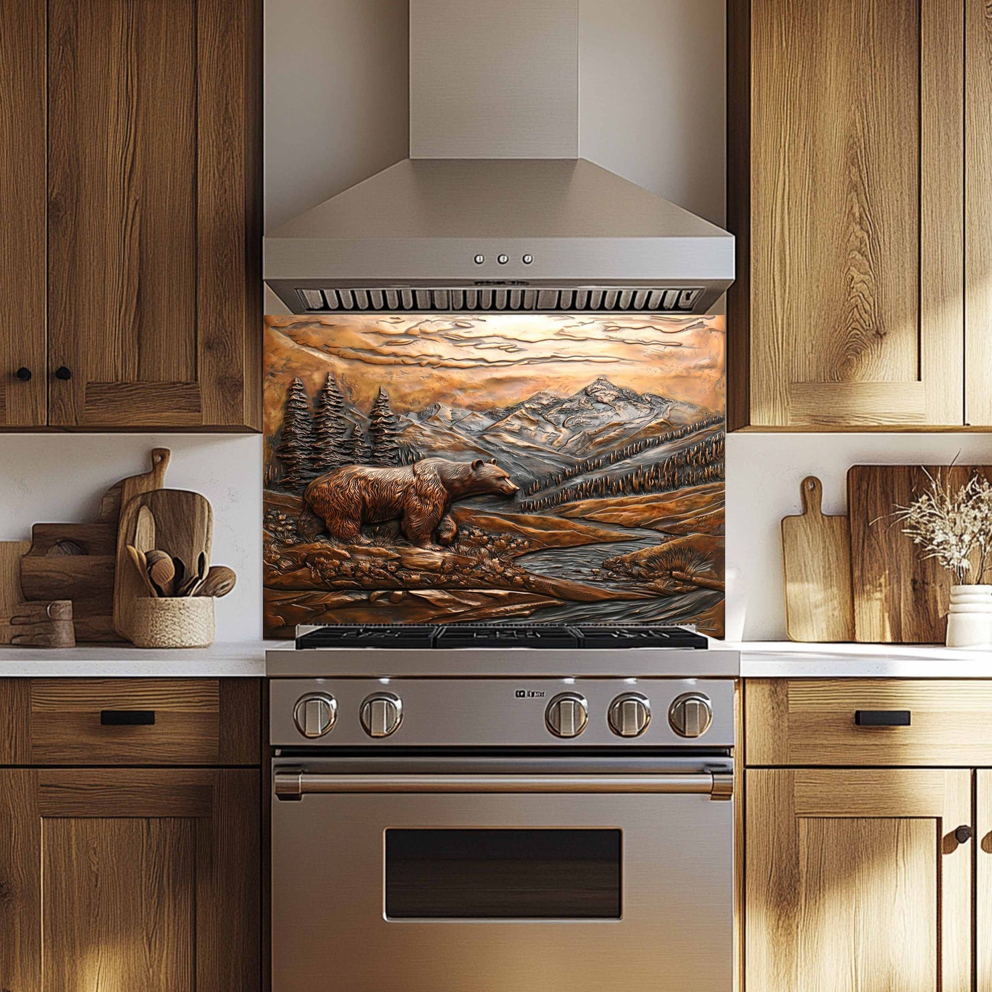 Bronze Grizzly Tempered Glass Backsplash – Mountain Bear Kitchen Backsplash Panel