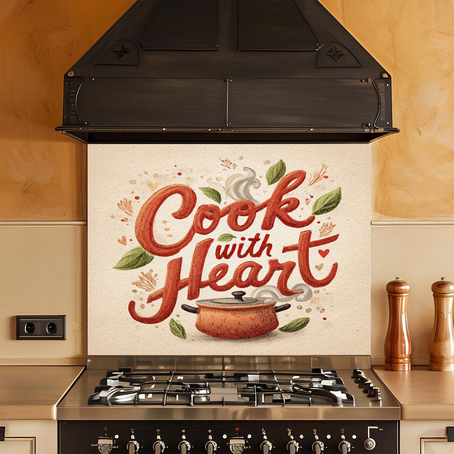 Cook with Heart – Tempered Glass Backsplash for Kitchen – Rustic Pot Kitchen Splashback