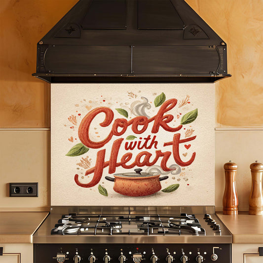 Cook with Heart – Tempered Glass Backsplash for Kitchen – Rustic Pot Kitchen Splashback