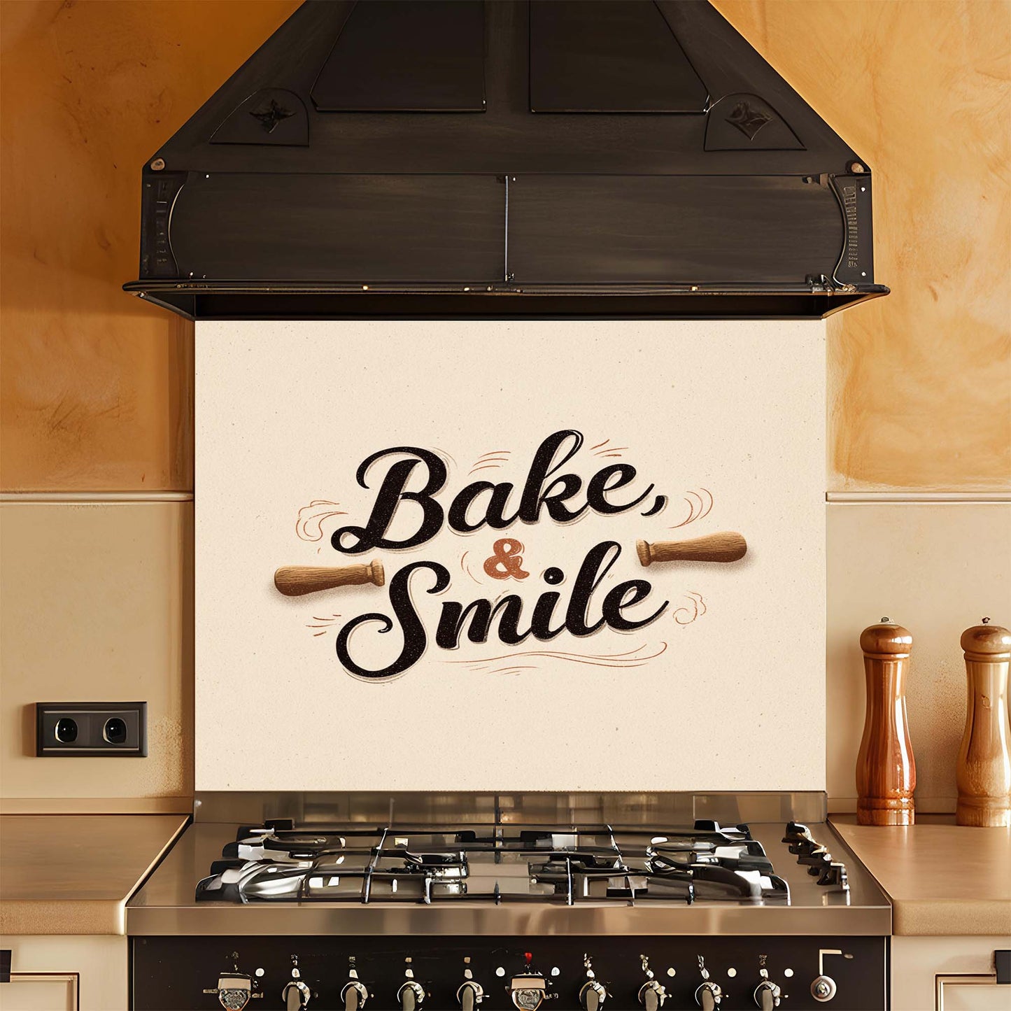 Bake & Smile – Tempered Glass Backsplash for Kitchen – Rustic Bakery Quote Splashback