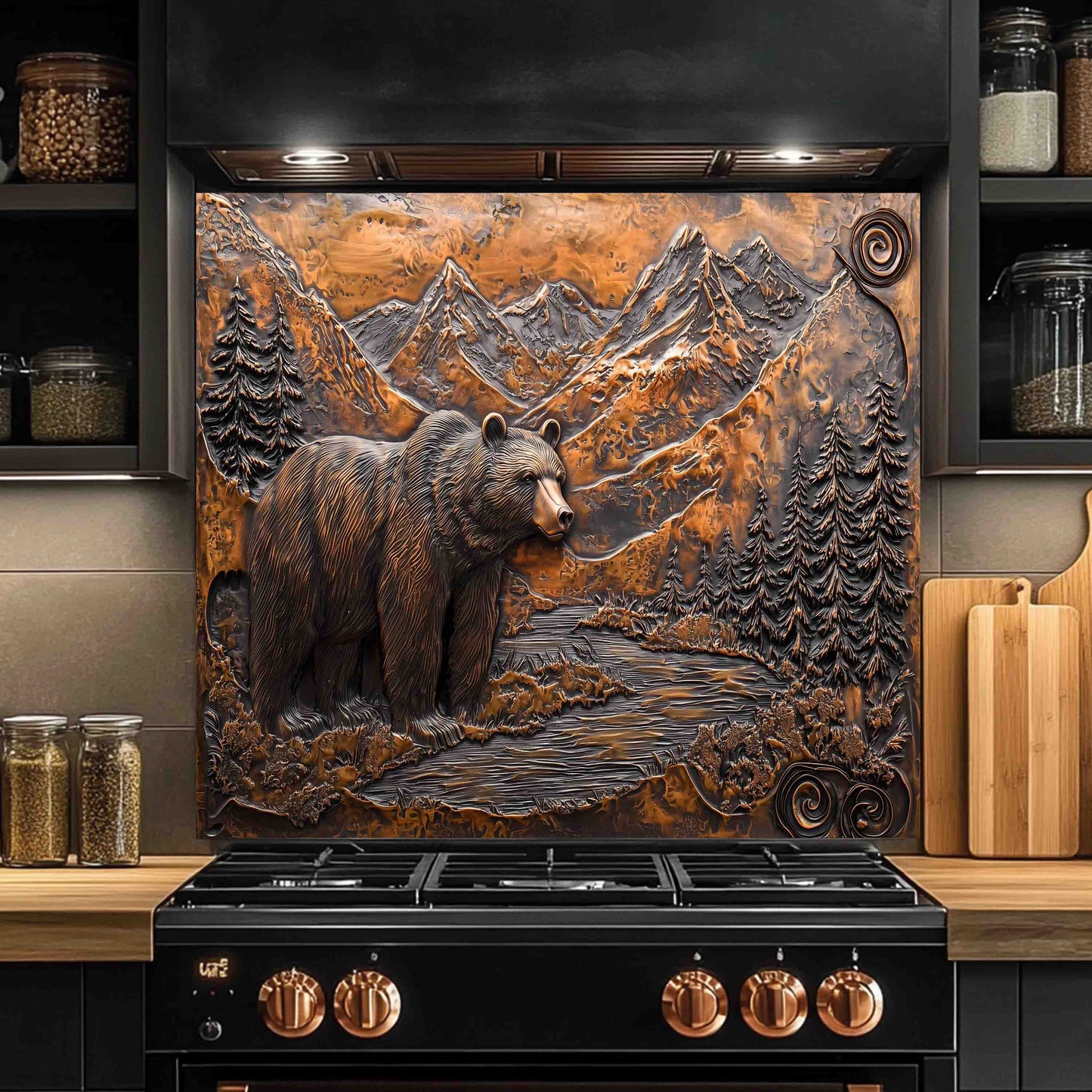 Rustic Style Tempered Glass Backsplash – Bear and Mountain River Kitchen Panel
