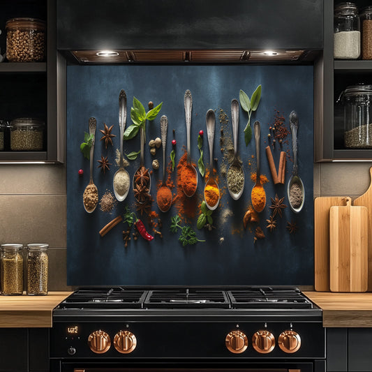 Culinary Symphony Tempered Glass Backsplash – Spice Art Kitchen Wall Decor