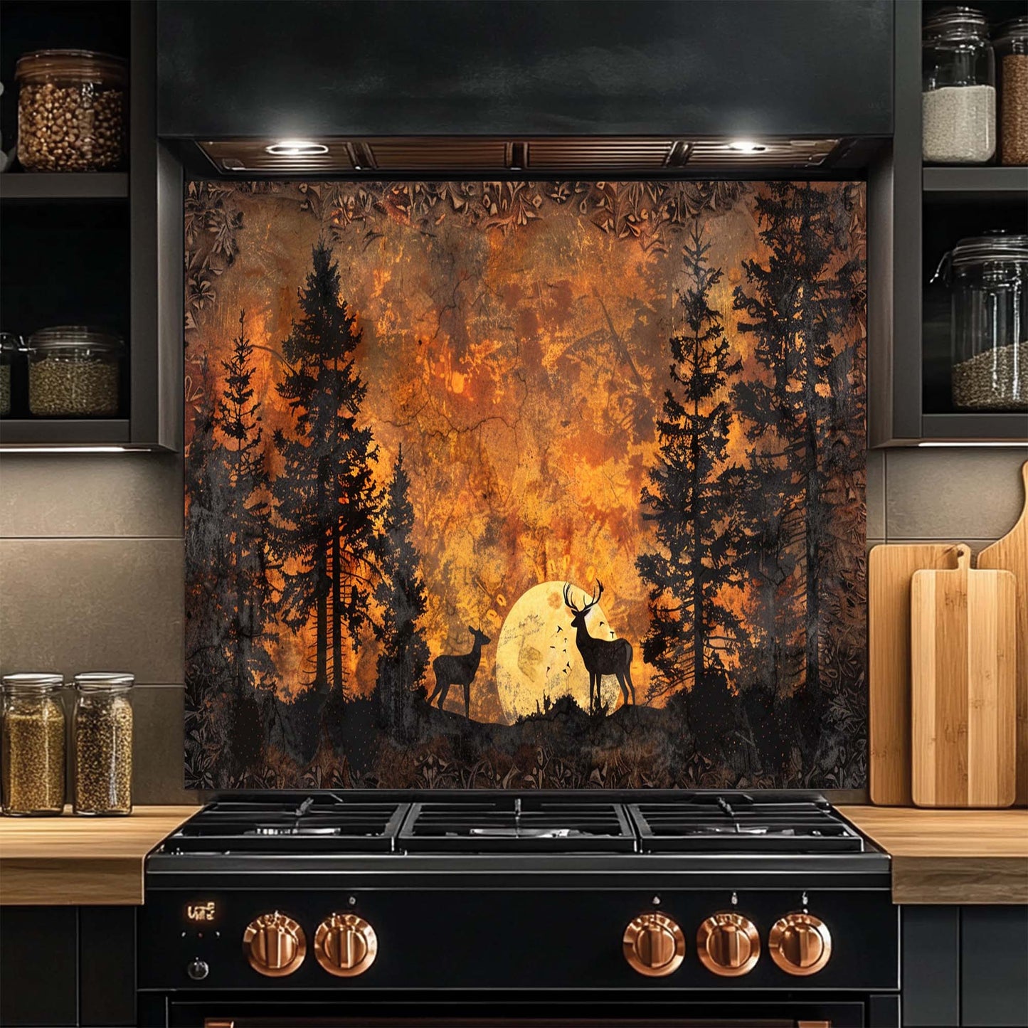 Forest Ember – Tempered Glass Backsplash for Kitchen | Deer & Pine Tree Silhouette Backsplash