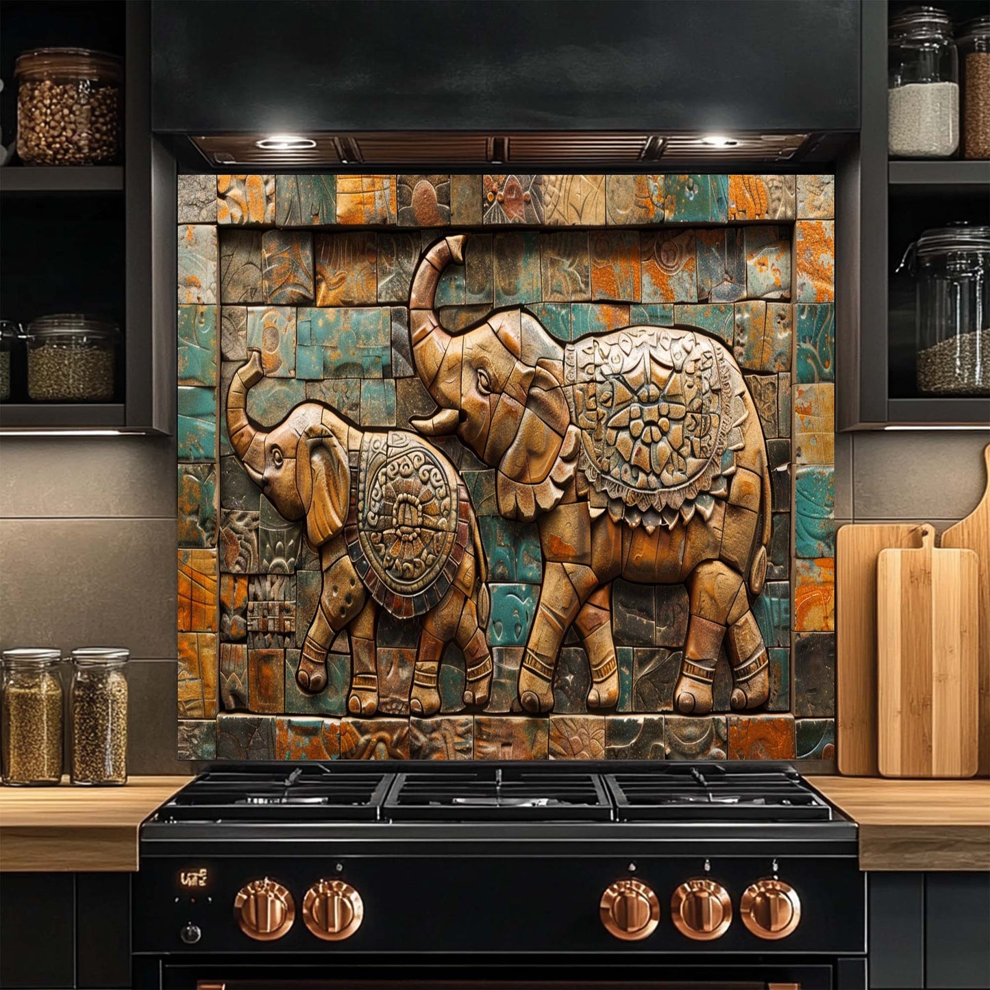 Elephant March Mosaic Tempered Glass Backsplash | Artistic Stove Glass Backsplash