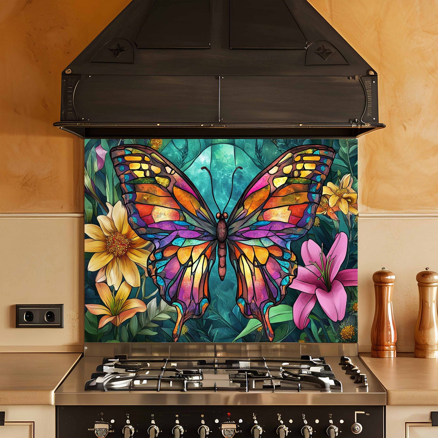 Tempered Glass Backsplash for Kitchen | Colorful Butterfly & Floral Stained Glass Design