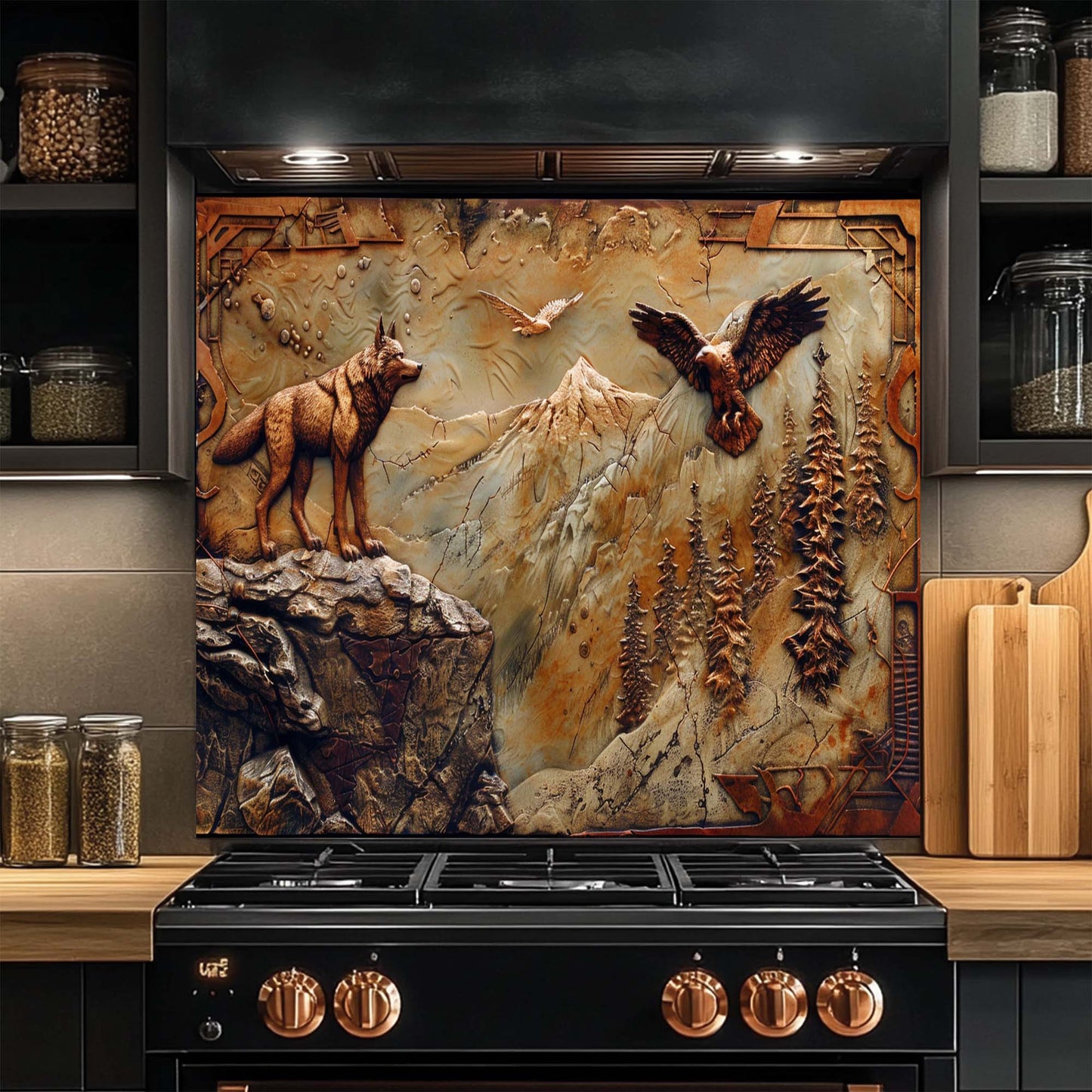 Eagle Wolf – Tempered Glass Backsplash for Kitchen | Bronze Wolf & Mountain Backsplash