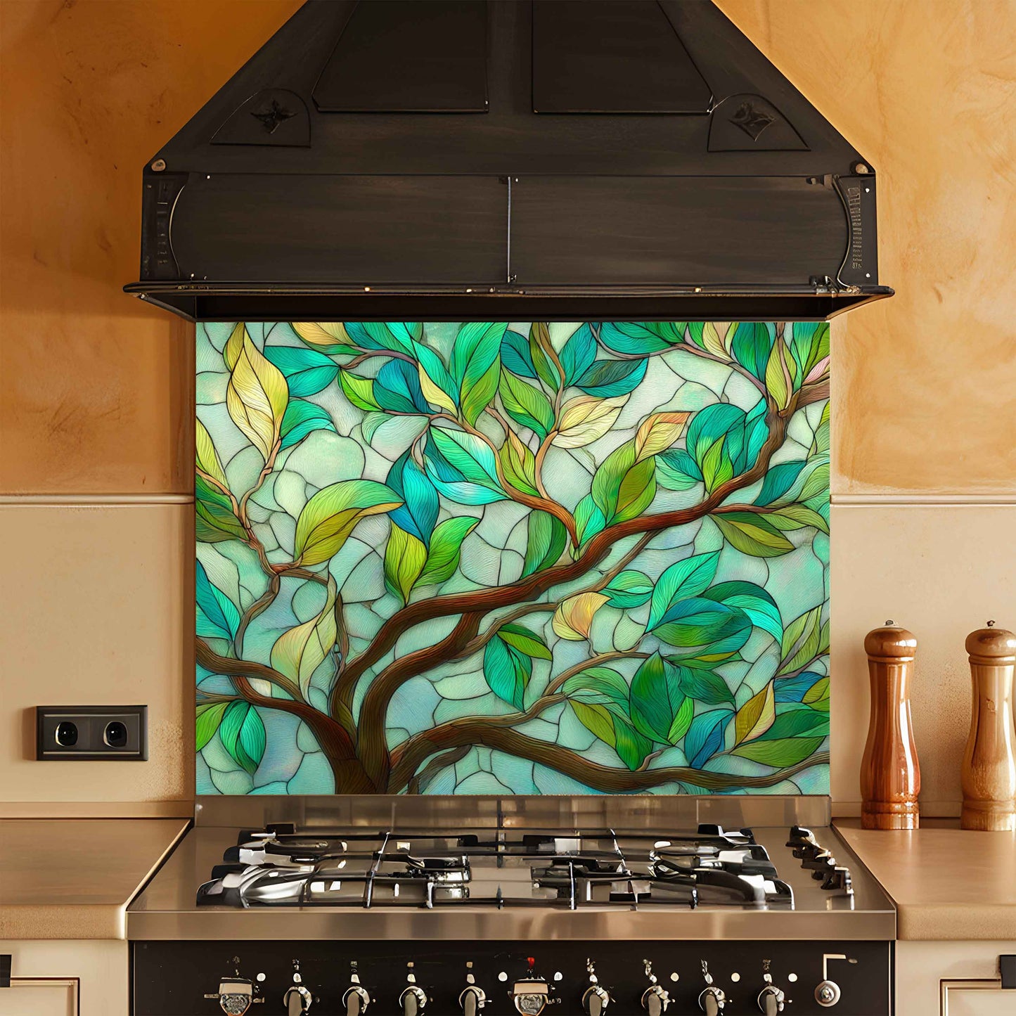 Tranquil Branches – Tempered Glass Backsplash with Tree Branch and Leaf Design