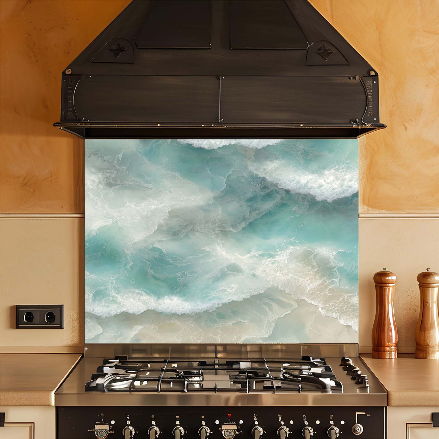 Coastal Tide – Tempered Glass Backsplash for Kitchen | Aerial Ocean Wave Backsplash