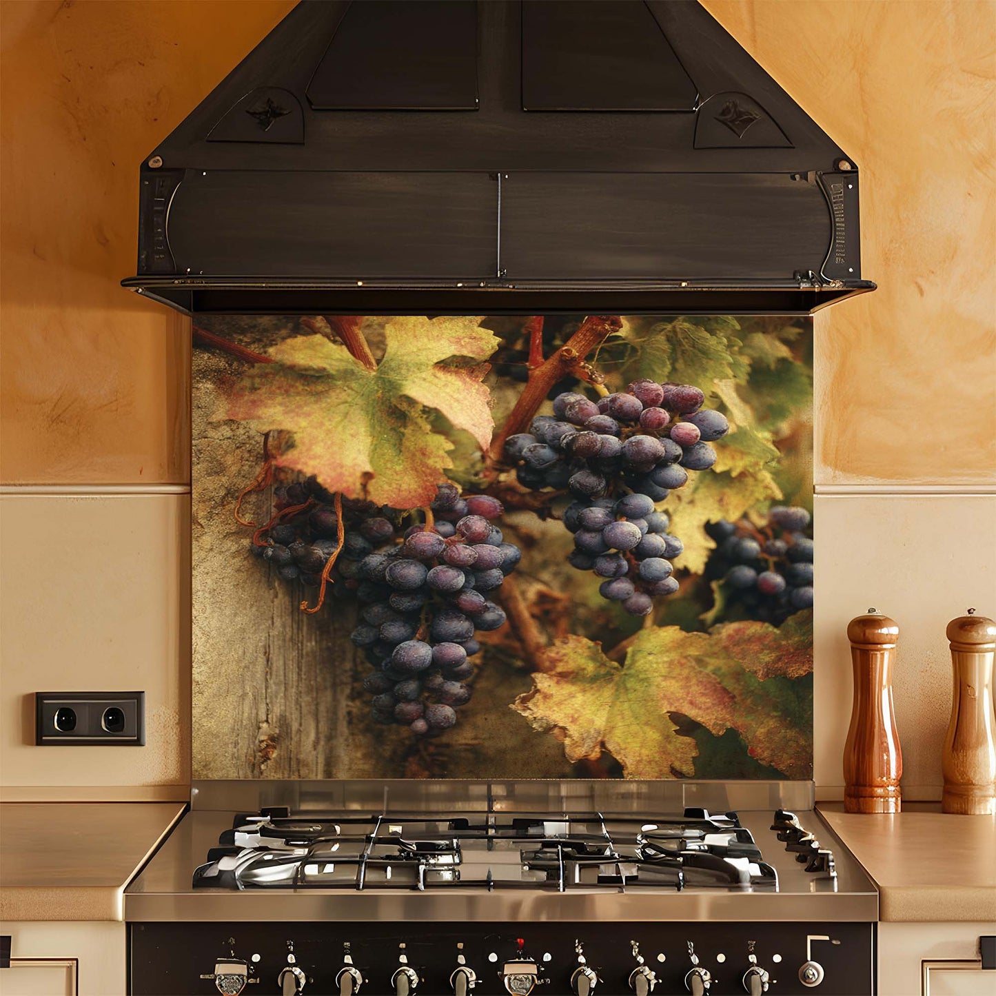 Tuscan Vineyard – Tempered Glass Backsplash for Kitchen – Rustic Wine Grapes Splashback
