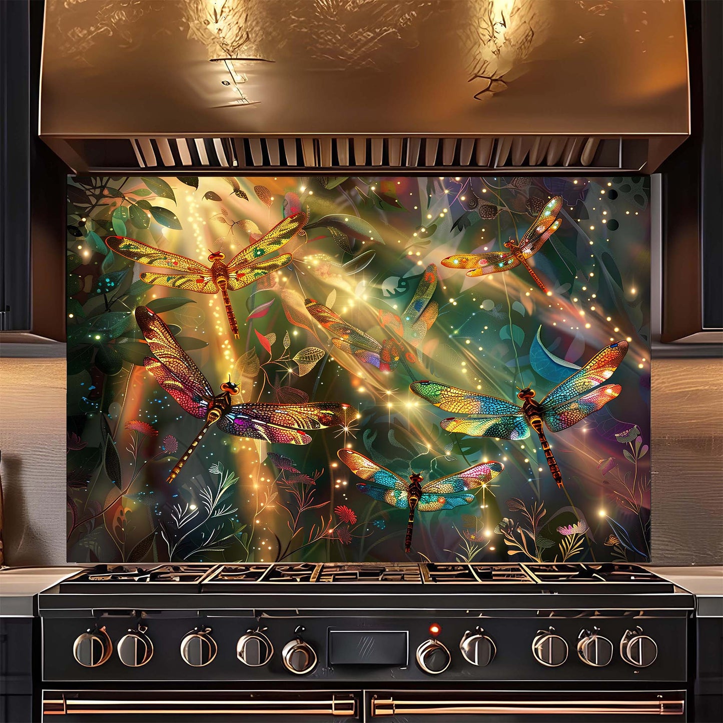 Custom Kitchen Backsplash – Enchanted Flight Tempered Glass Stove Backsplash
