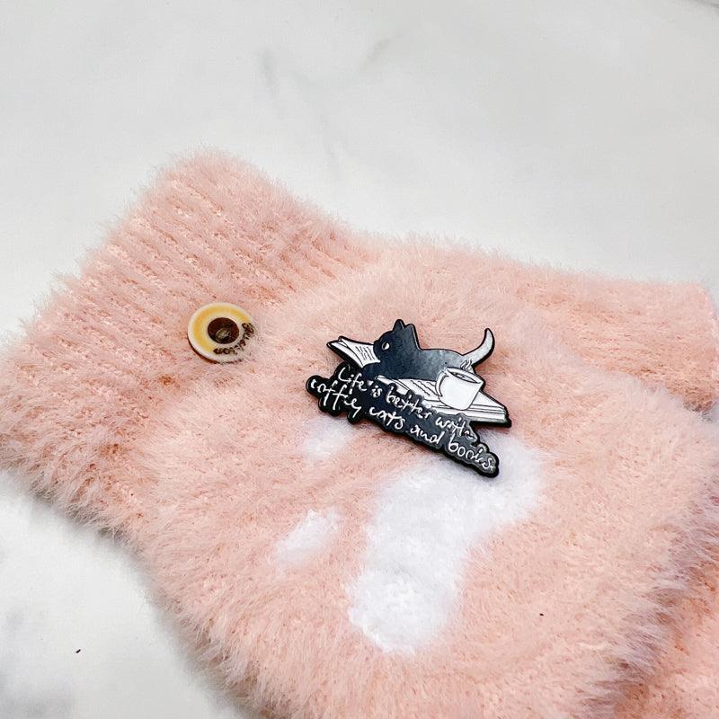 Cute Book Coffee Cat Enamel Pin for Bibliophiles and Pet Fans