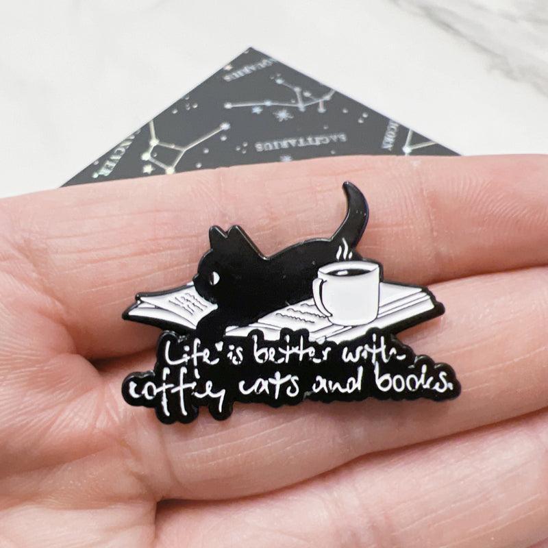 Cute Book Coffee Cat Enamel Pin for Bibliophiles and Pet Fans