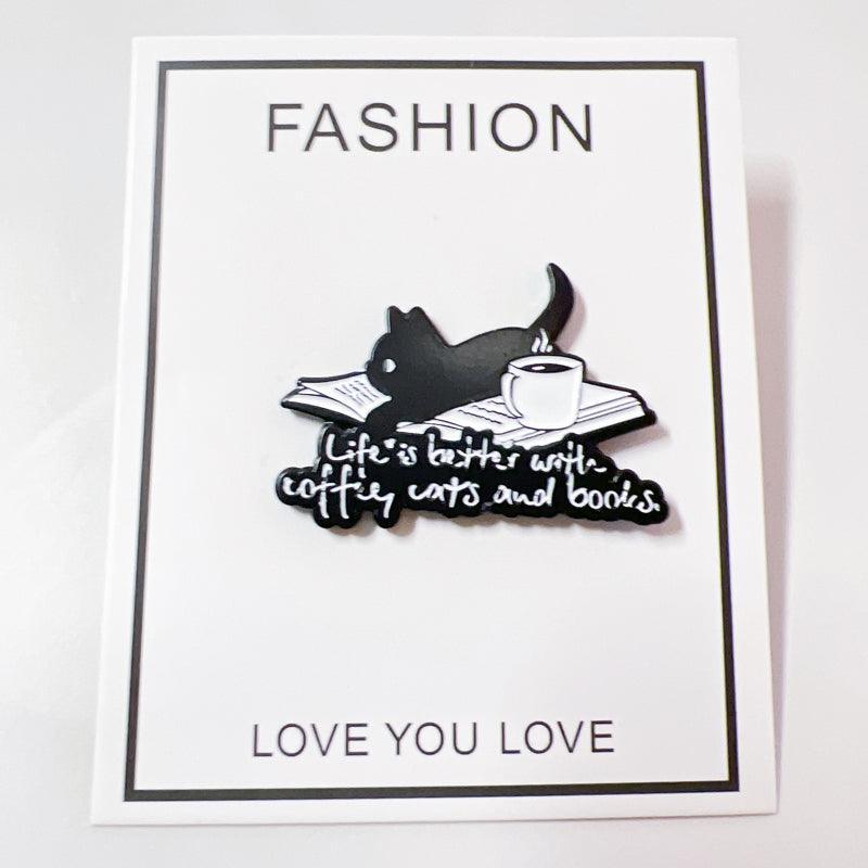 Cute Book Coffee Cat Enamel Pin for Bibliophiles and Pet Fans