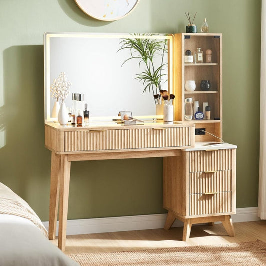 48" Fluted Makeup Vanity Desk with Large 36" Mirror and Lights, Modern