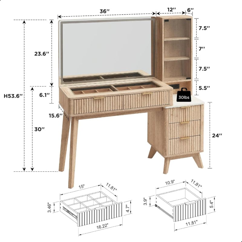 48" Fluted Makeup Vanity Desk with Large 36" Mirror and Lights, Modern