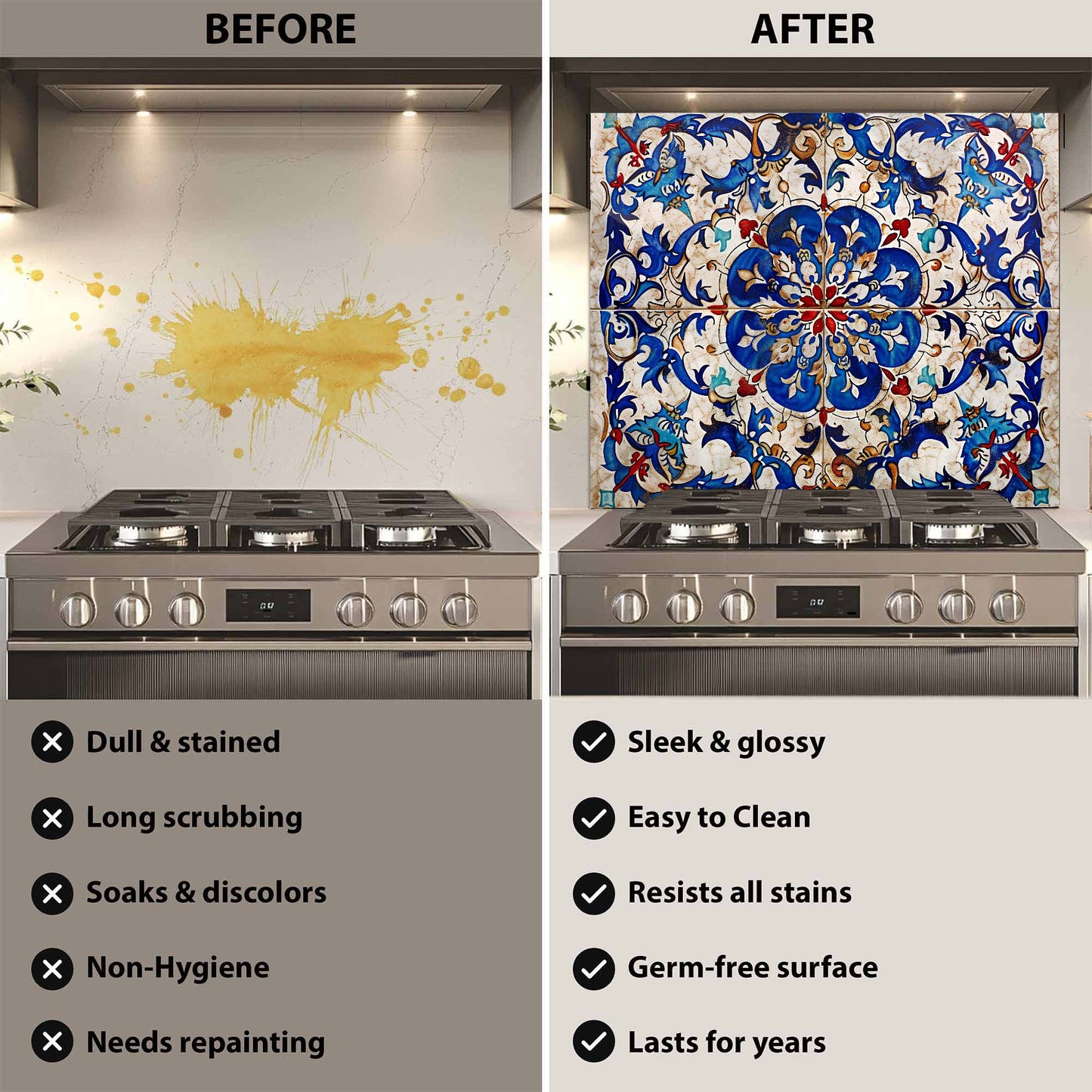 Custom Kitchen Backsplash – Ottoman Blue Tile Tempered Glass Stove Backsplash