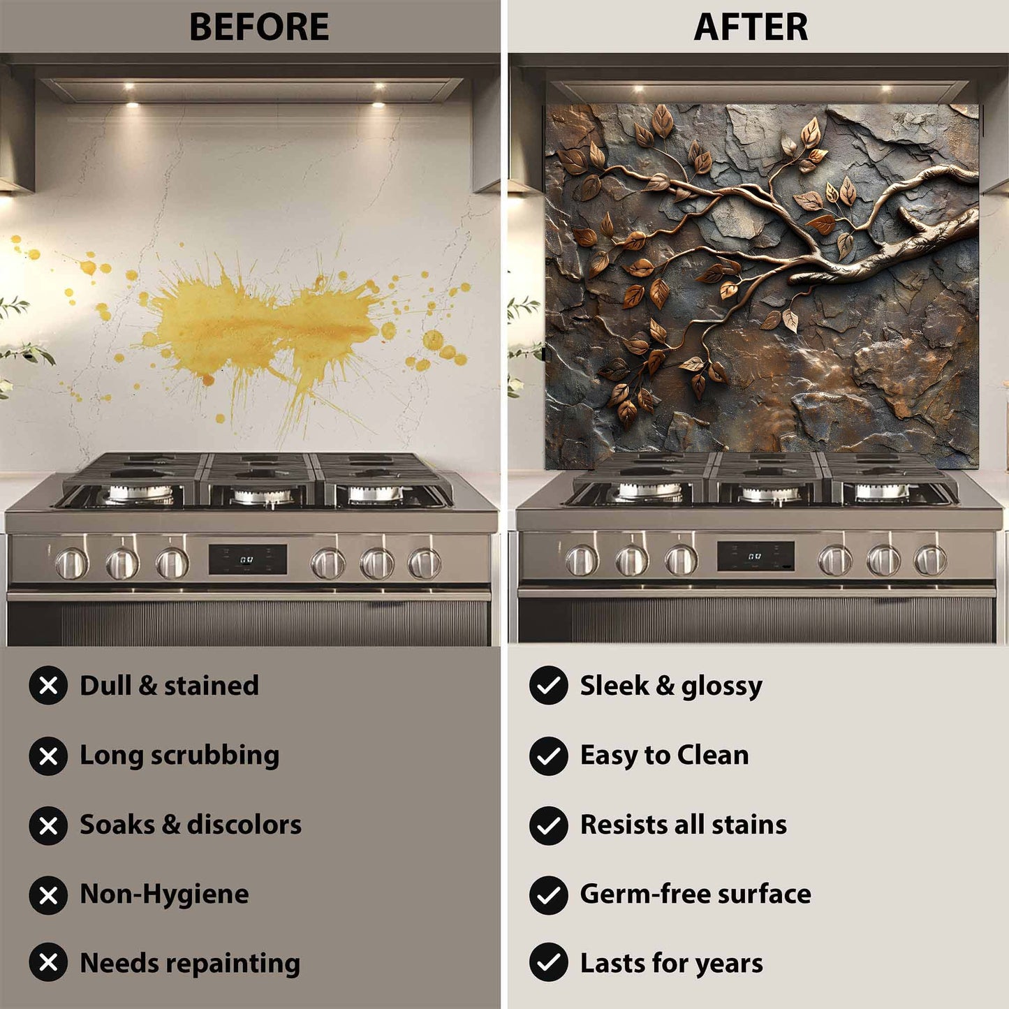 Custom Kitchen Backsplash – Bronze Branches Tempered Glass Stove Backsplash