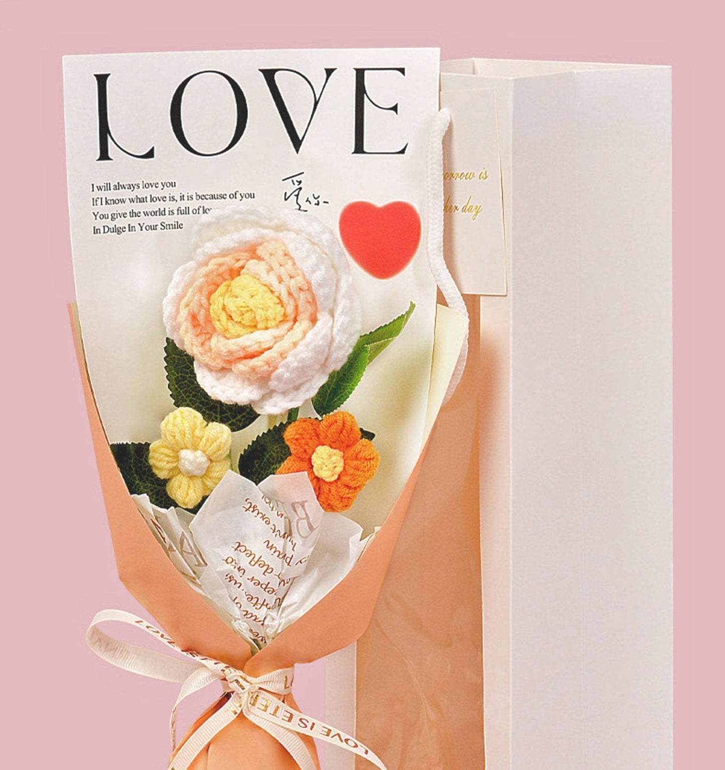Rose Crochet Bouquet with Gift Bag for Valentines Day Mothers Day