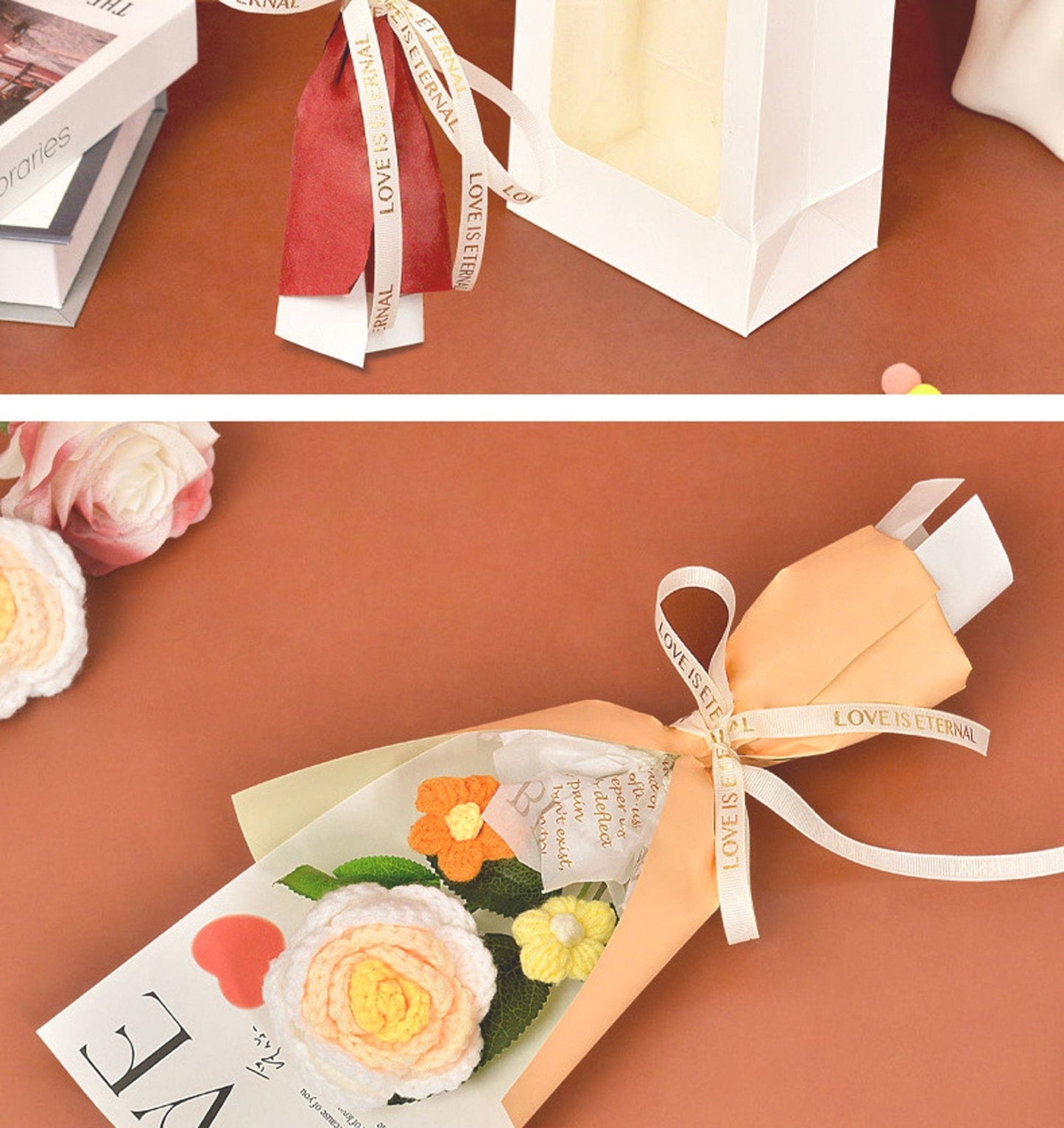 Rose Crochet Bouquet with Gift Bag for Valentines Day Mothers Day