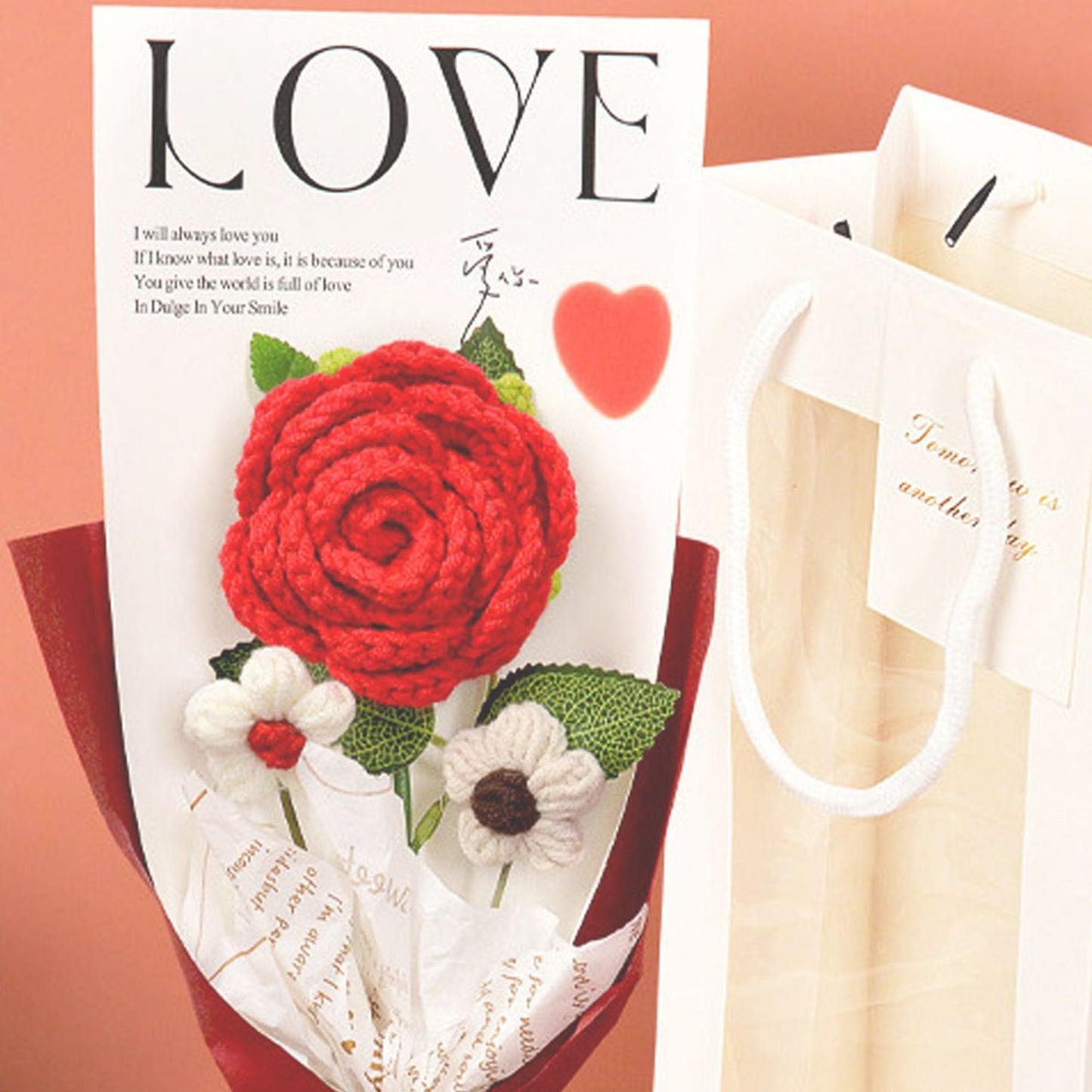 Rose Crochet Bouquet with Gift Bag for Valentines Day Mothers Day