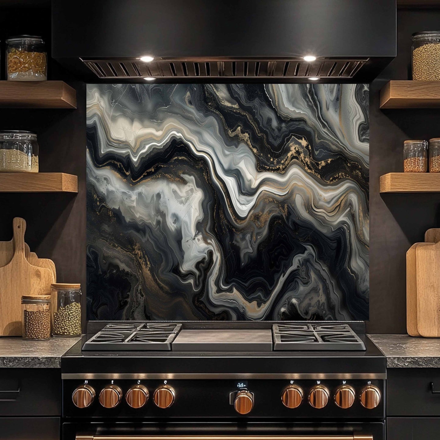 Glass Kitchen Backsplash – Black Gold Marble Flow Abstract Splashback