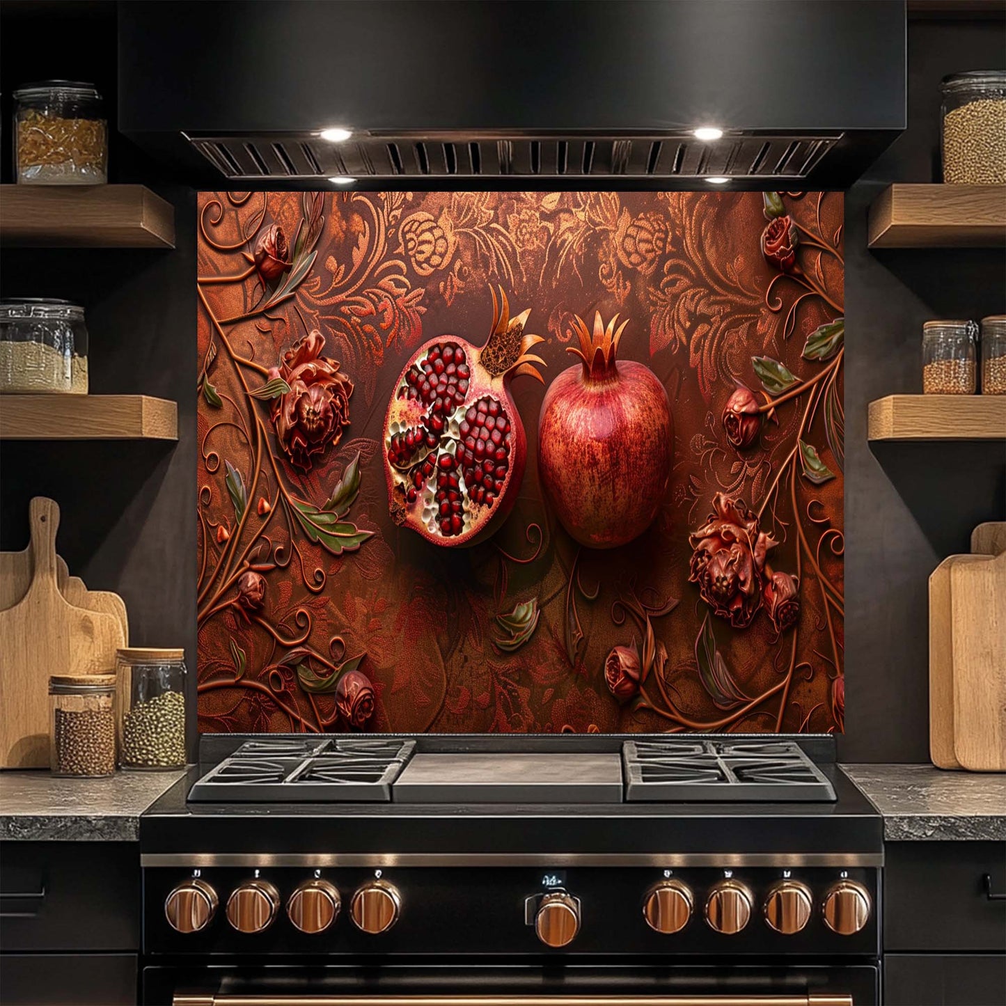 Pomegranate Bloom – Tempered Glass Backsplash | Red Fruit & Floral Kitchen Backsplash