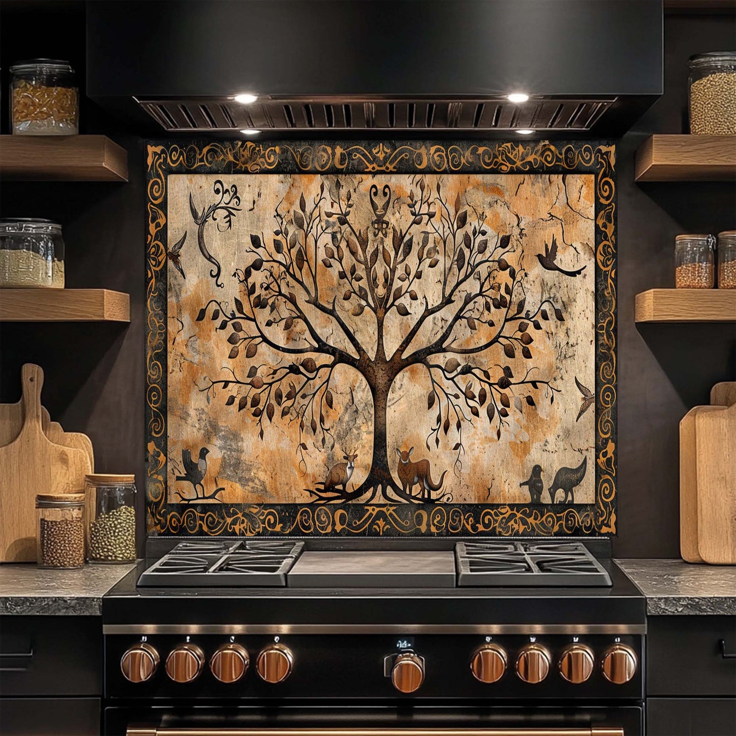 Golden Paws – Tempered Glass Backsplash for Kitchen | Tree of Life with Animals Backsplash