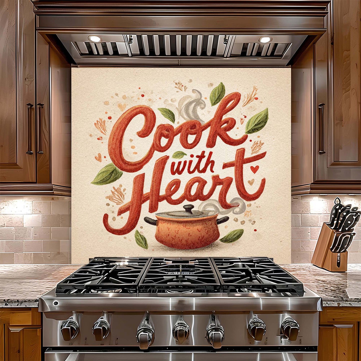 Cook with Heart – Tempered Glass Backsplash for Kitchen – Rustic Pot Kitchen Splashback