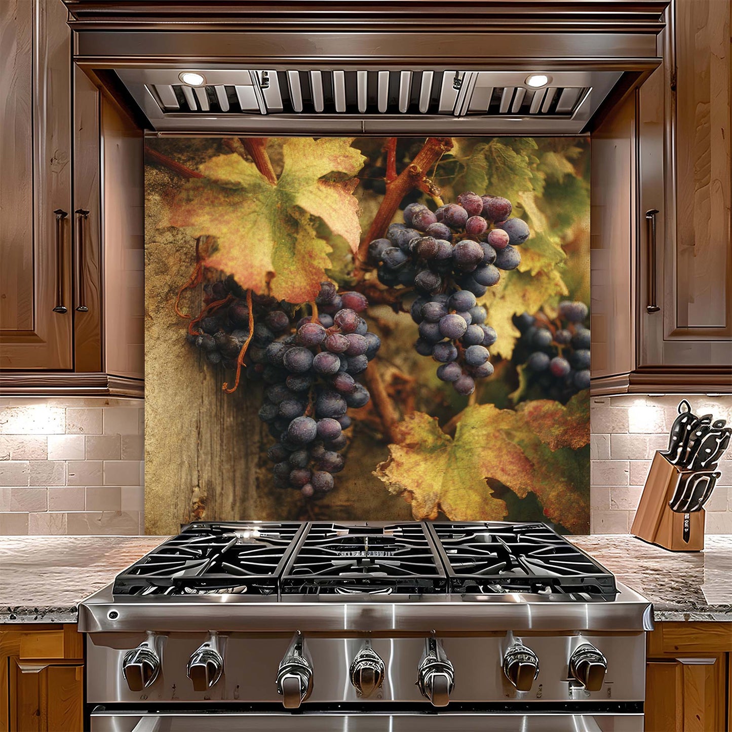 Tuscan Vineyard – Tempered Glass Backsplash for Kitchen – Rustic Wine Grapes Splashback