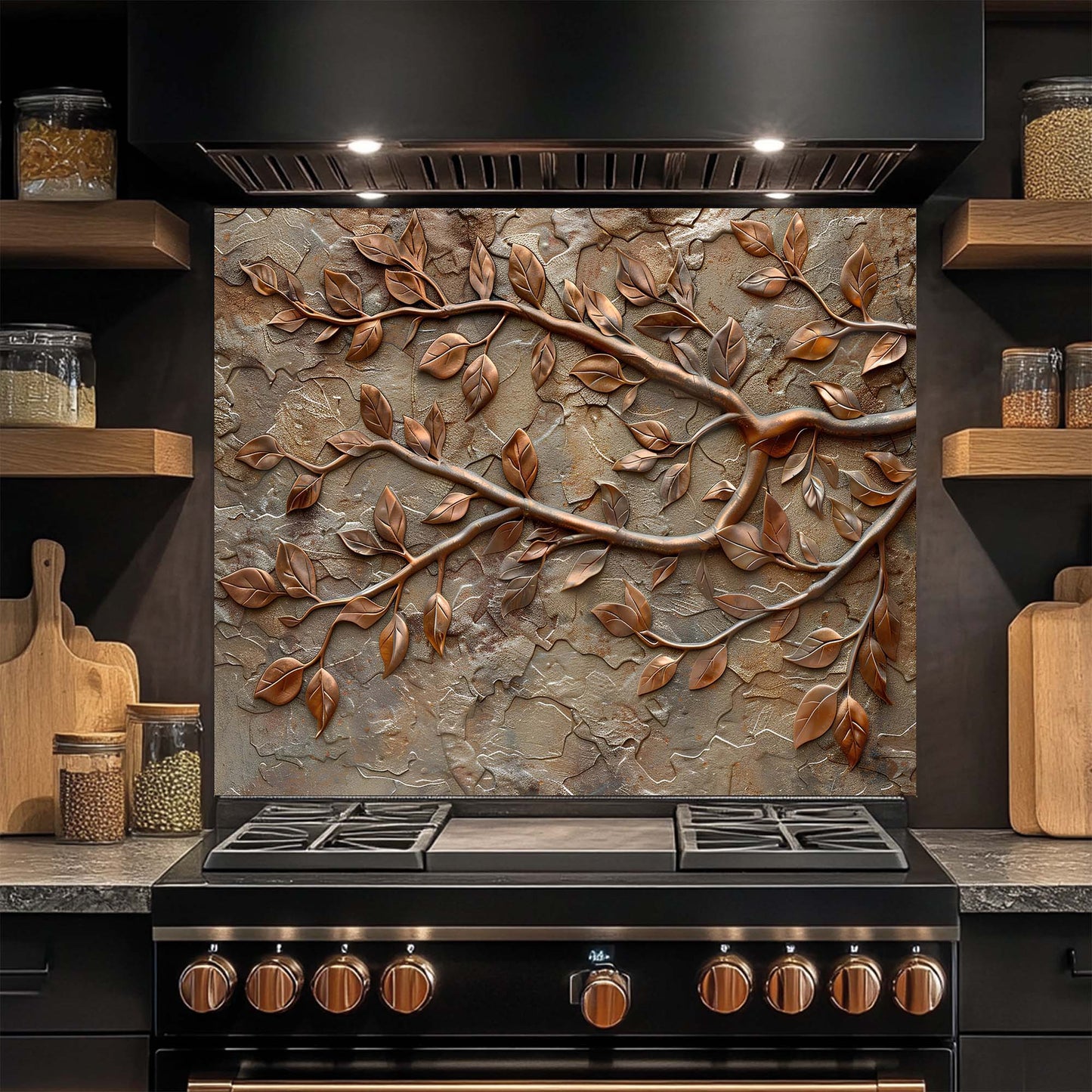 Copper Vine – Tempered Glass Backsplash for Kitchen – Copper Look Glass Backsplash