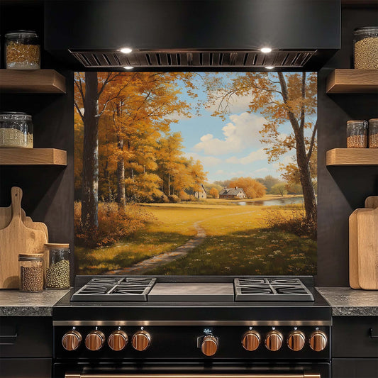 Amber Haven – Tempered Glass Backsplash for Kitchen | Autumn Cottage Landscape Backsplash