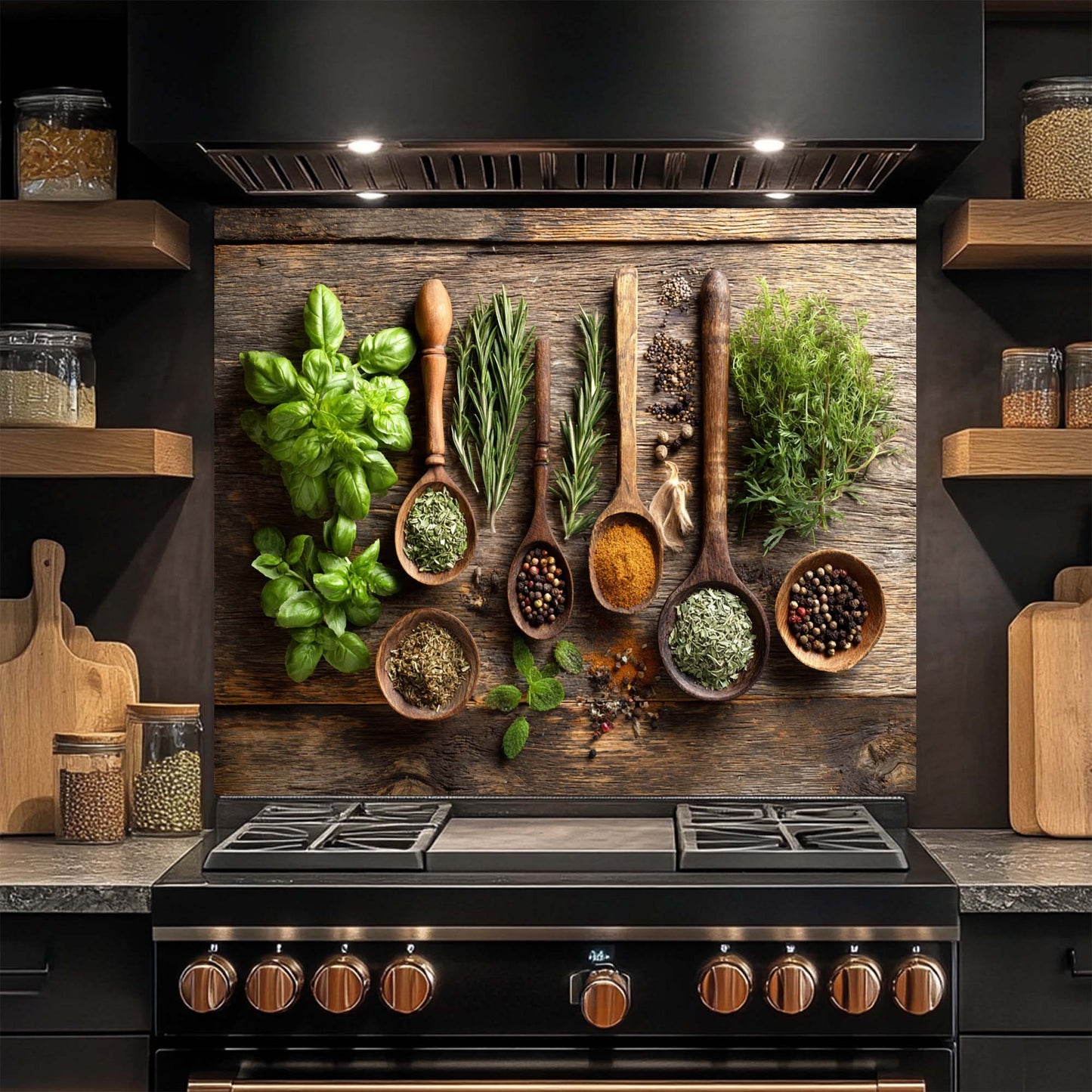Herbal Harmony – Tempered Glass Backsplash for Kitchen Stove | Rustic Botanical Backsplash