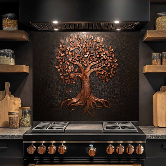 Bronze Tree of Life Tempered Glass Backsplash – Elegant Nature-Inspired Kitchen Art