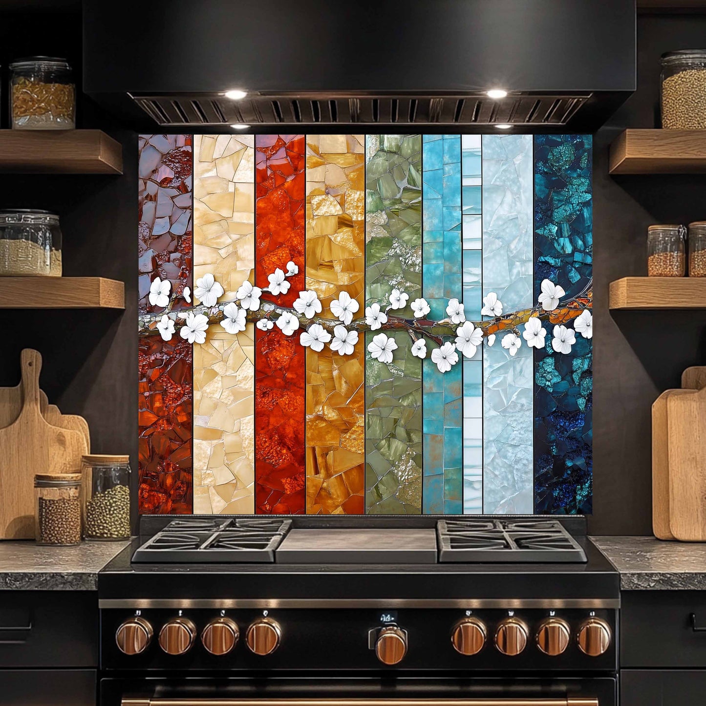 Glass Kitchen Backsplash – Blossom Spectrum Mosaic With Cherry Flower Branch