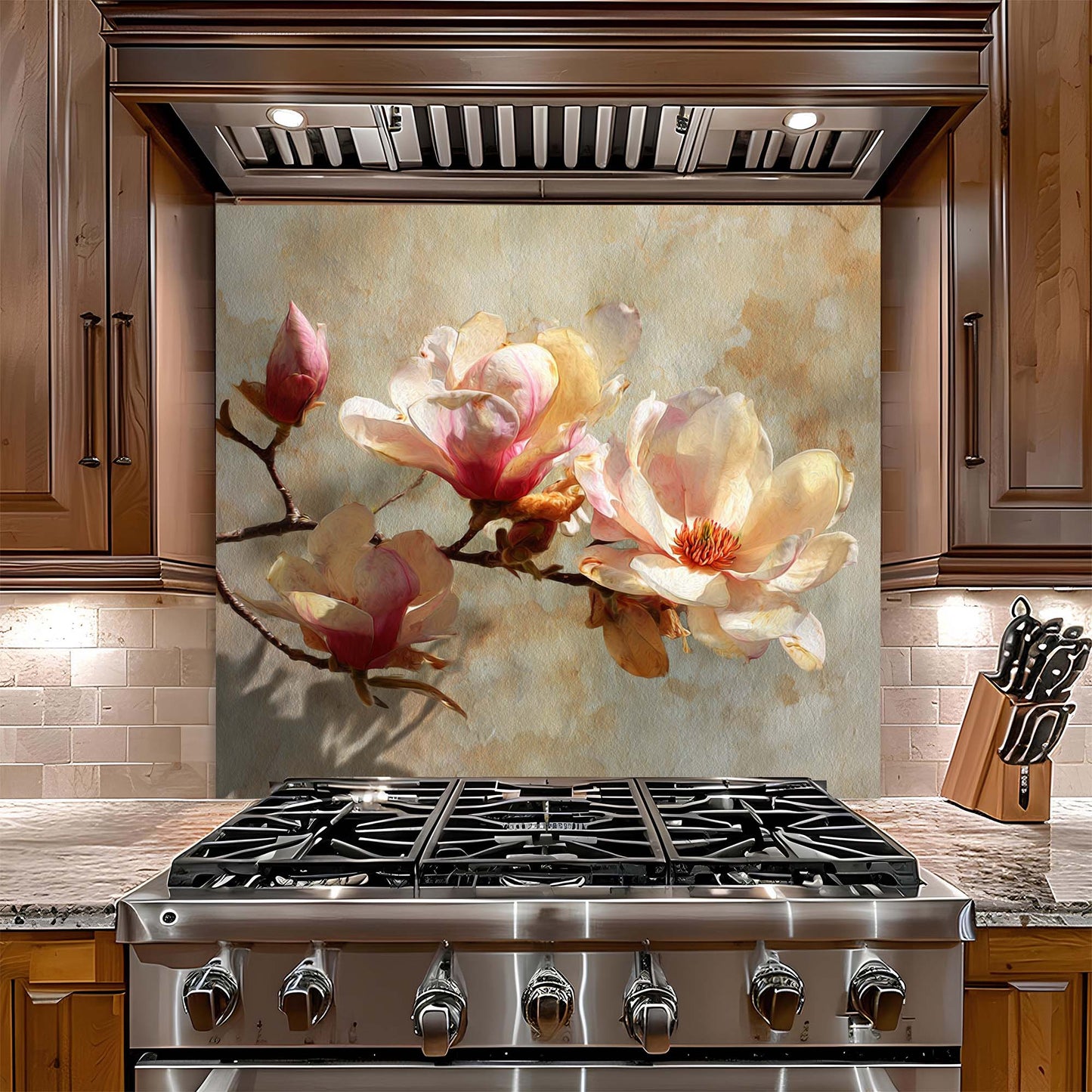 Golden Magnolia – Tempered Glass Backsplash for Kitchen – Vintage Floral Splashback
